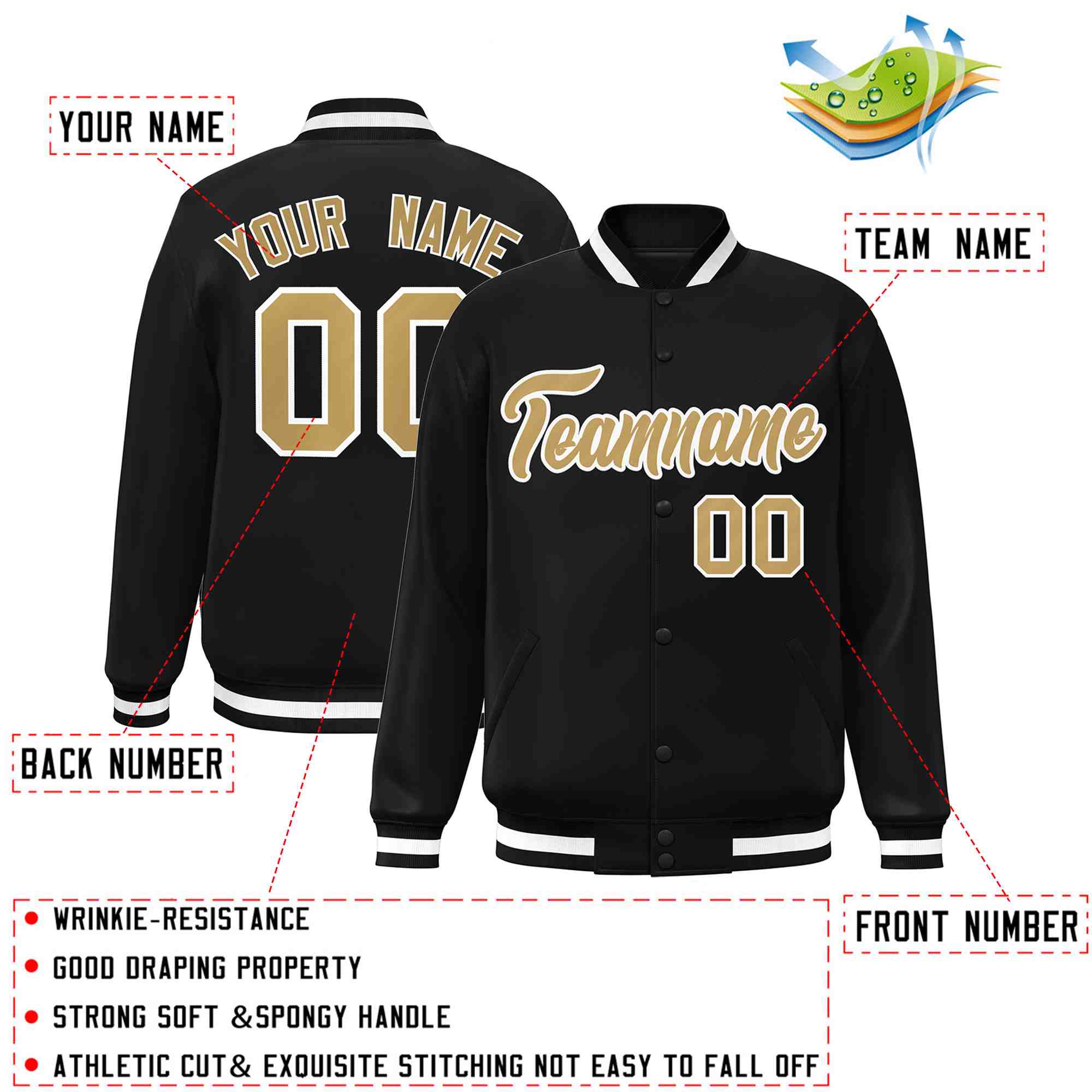 Custom Black Old Gold-White Classic Style Varsity Full-Snap Letterman Jacket