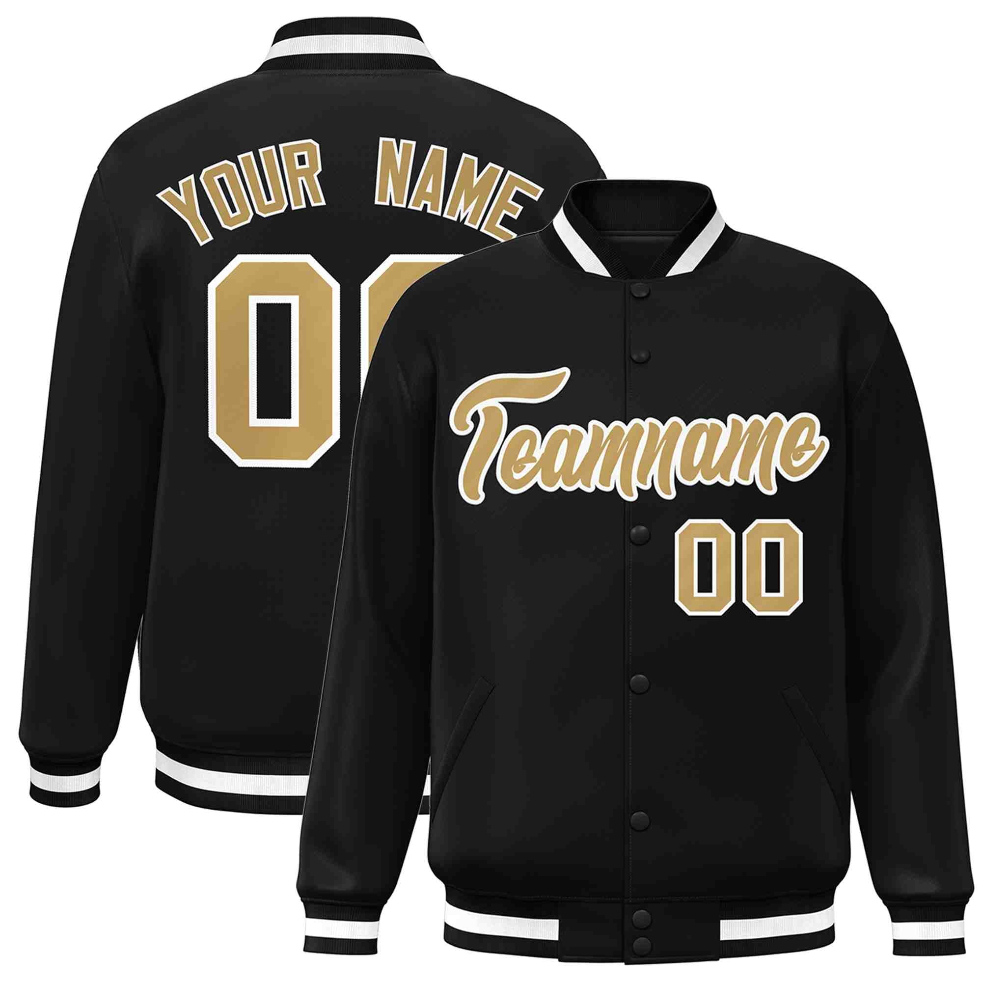 Custom Black Old Gold-White Classic Style Varsity Full-Snap Letterman Jacket