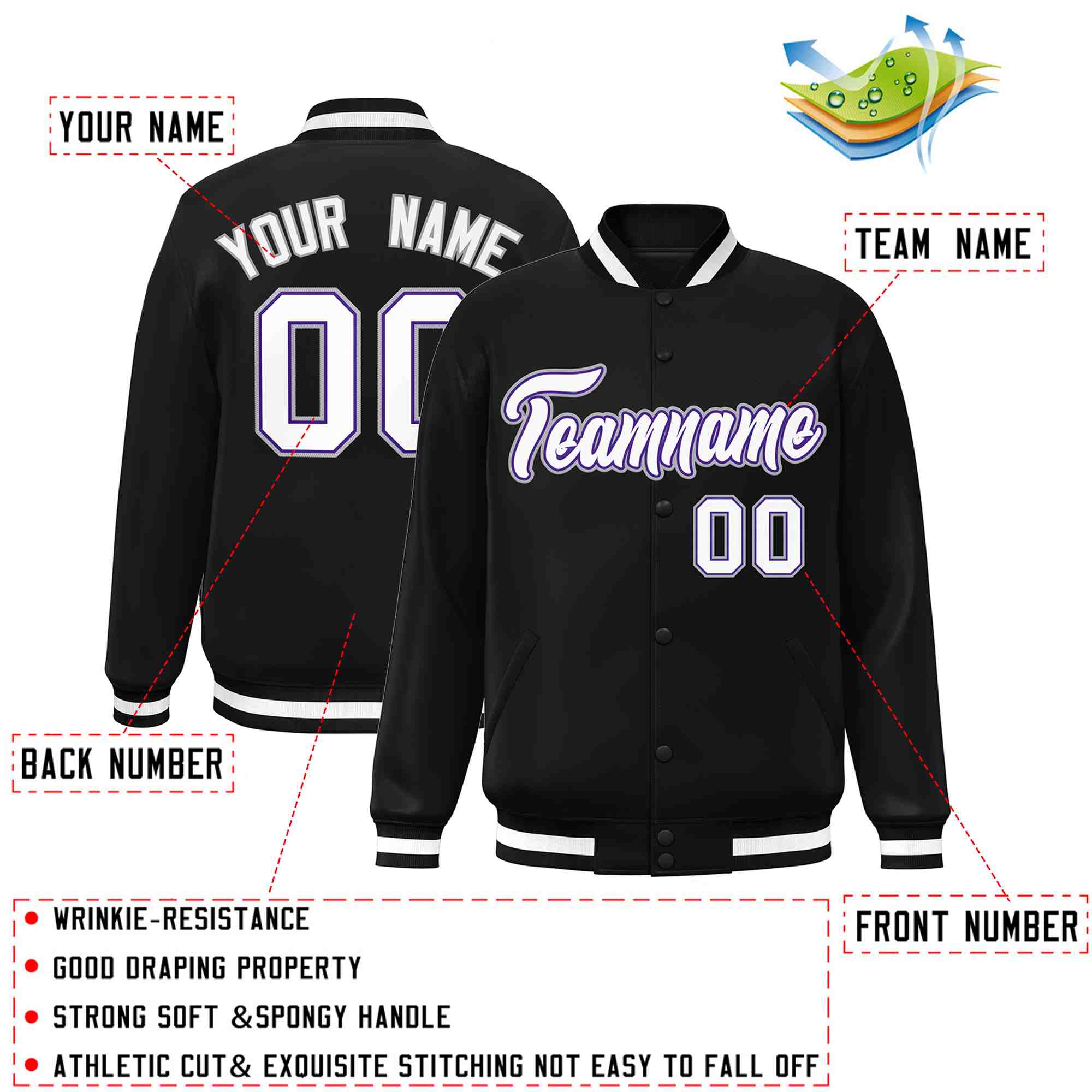 Custom Black White-Purple Classic Style Varsity Full-Snap Letterman Jacket