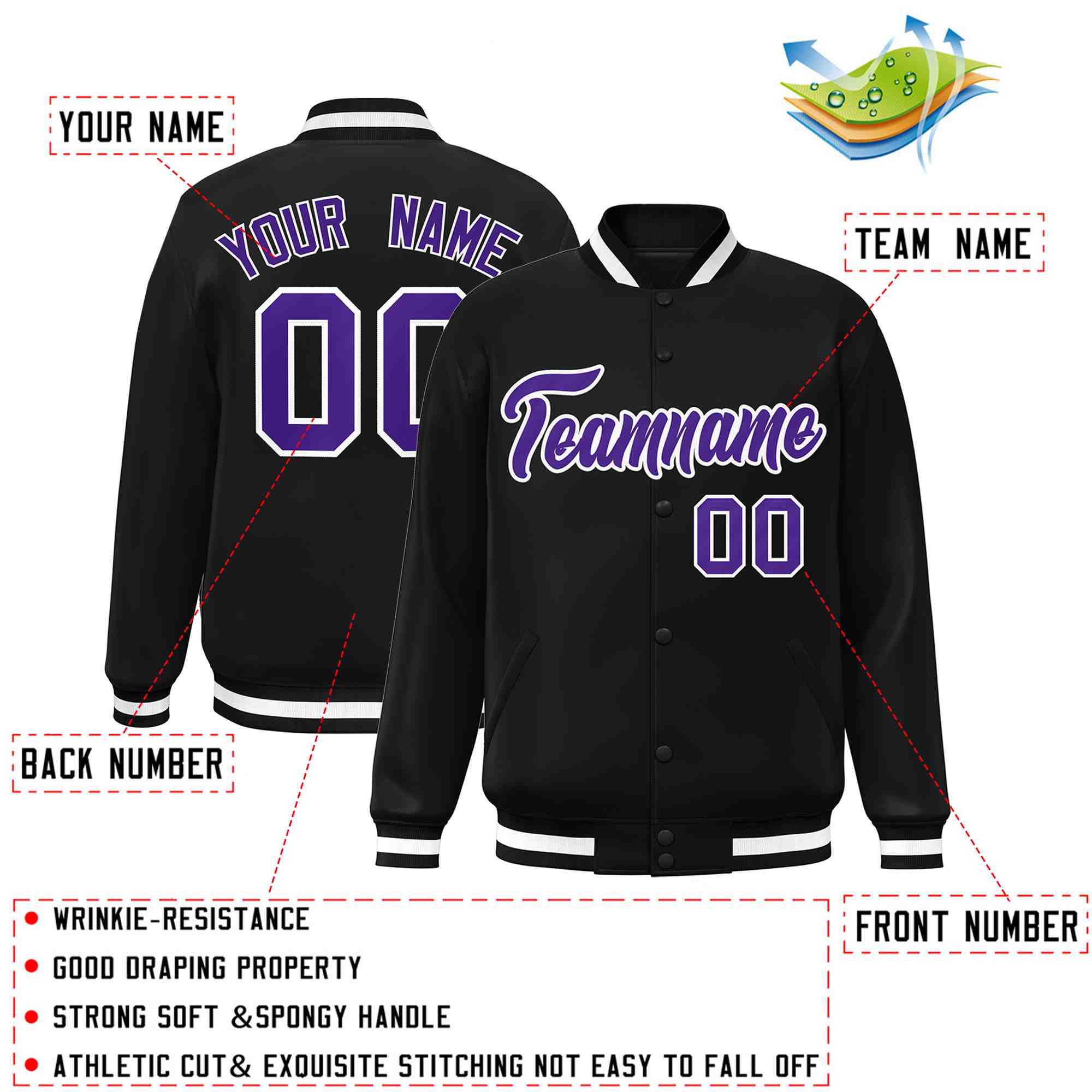 Custom Black Purple-White Classic Style Varsity Full-Snap Letterman Jacket