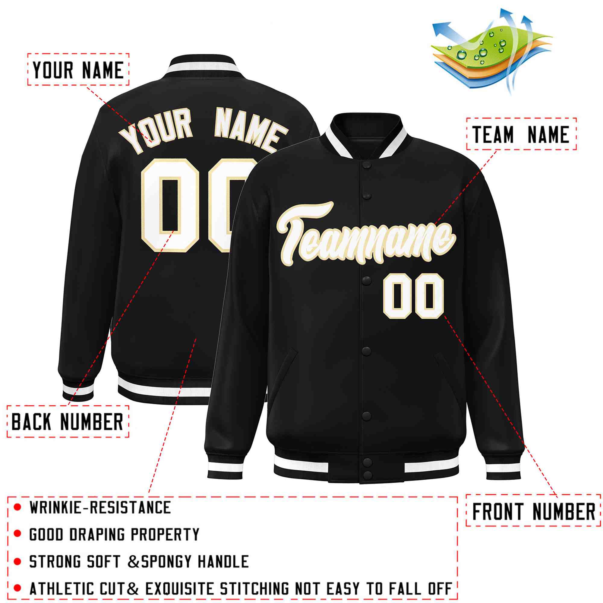 Custom Black White-Khaki Classic Style Varsity Full-Snap Letterman Jacket