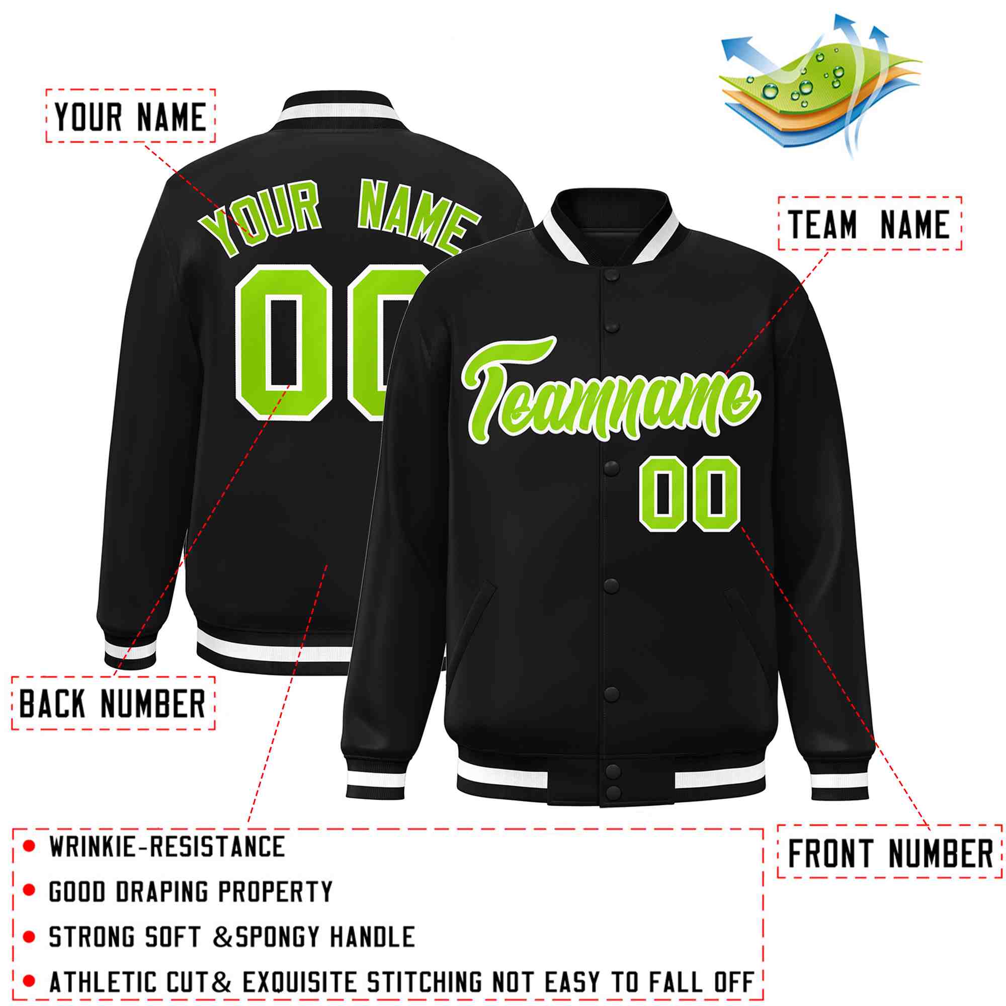 Custom Black Neon Green-White Classic Style Varsity Full-Snap Letterman Jacket