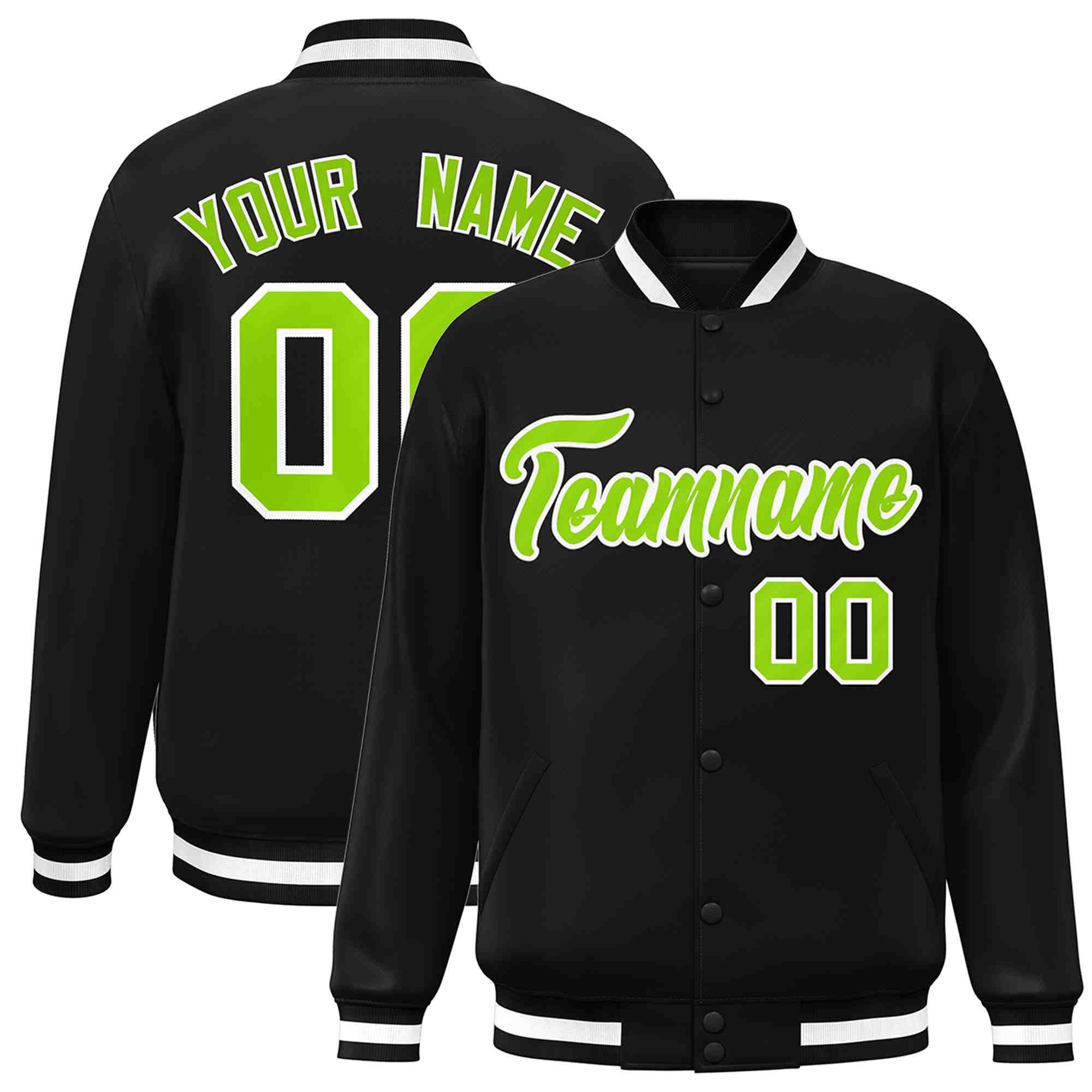 Custom Black Neon Green-White Classic Style Varsity Full-Snap Letterman Jacket