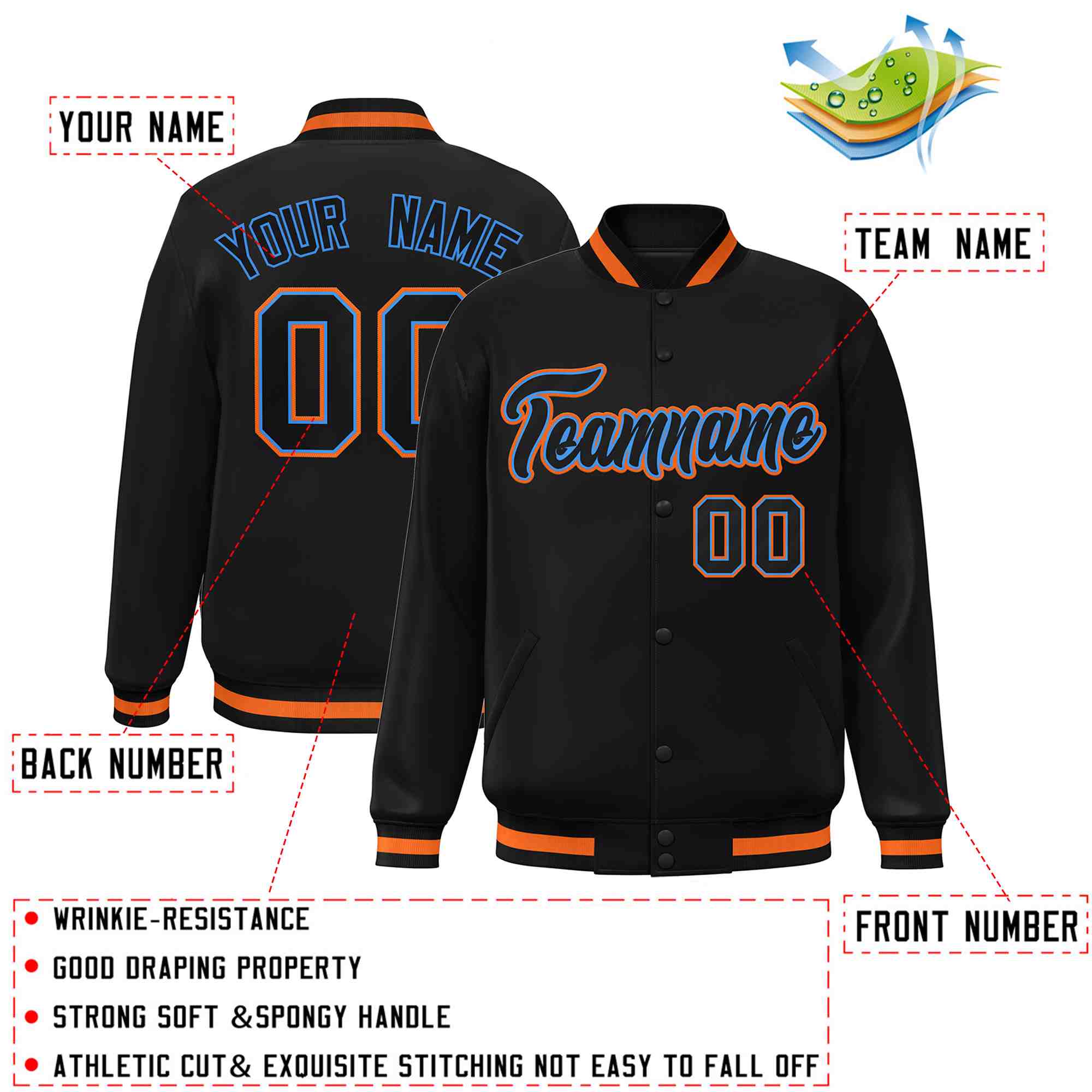 Custom Black Black-Powder Blue Classic Style Varsity Full-Snap Letterman Jacket