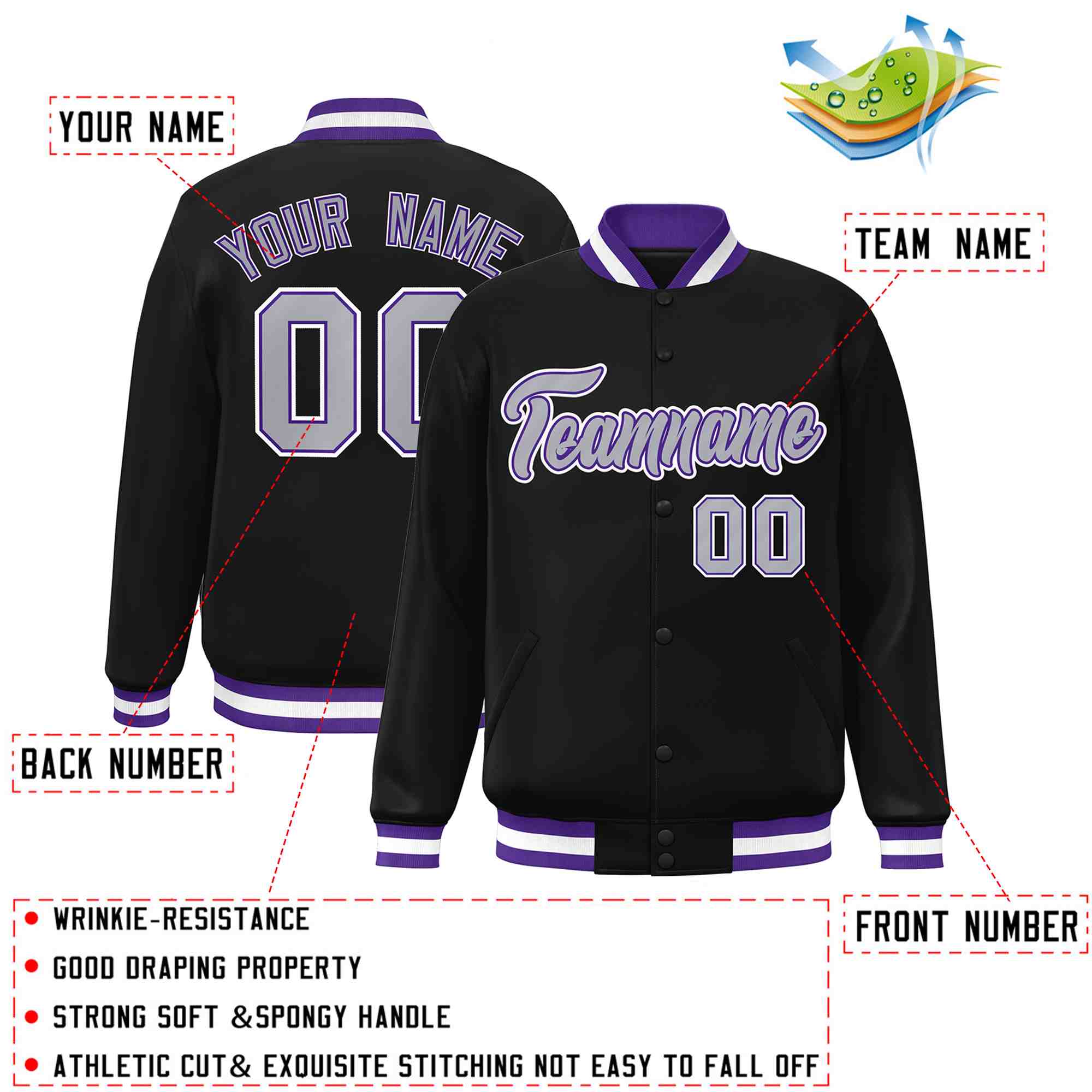 Custom Black Gray-Purple Classic Style Varsity Full-Snap Letterman Jacket