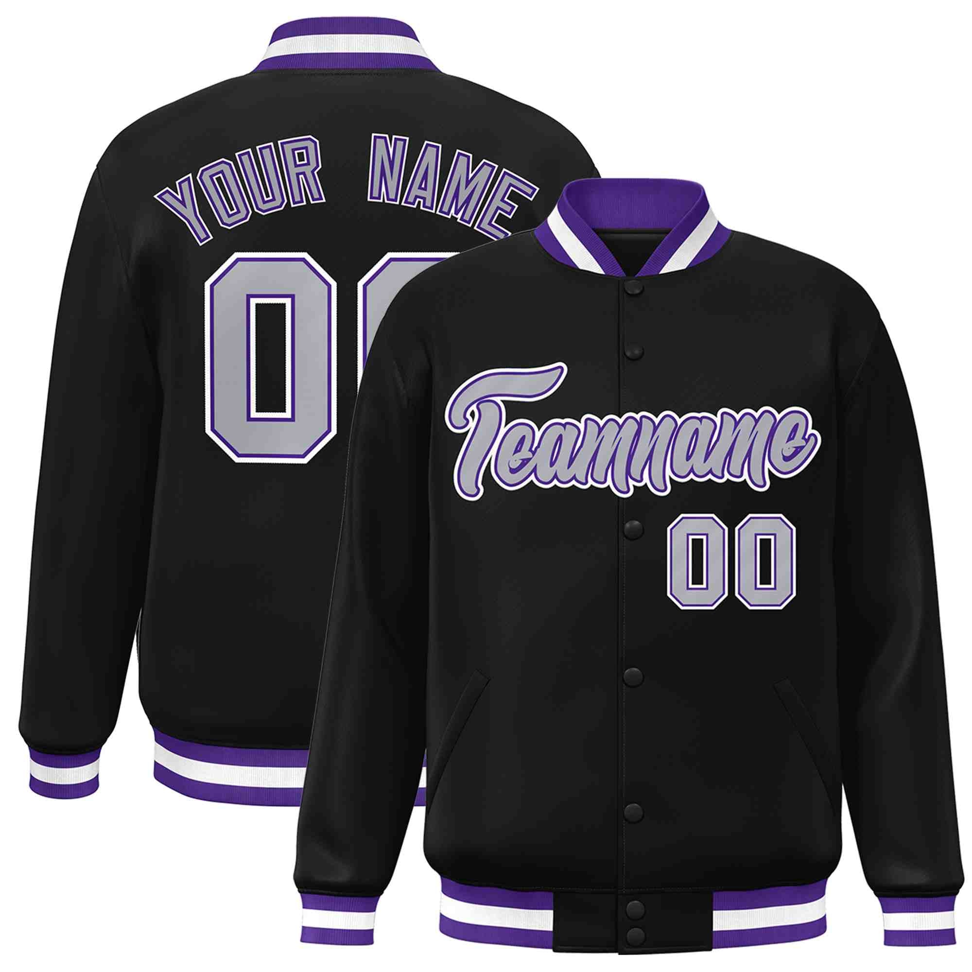 Custom Black Gray-Purple Classic Style Varsity Full-Snap Letterman Jacket