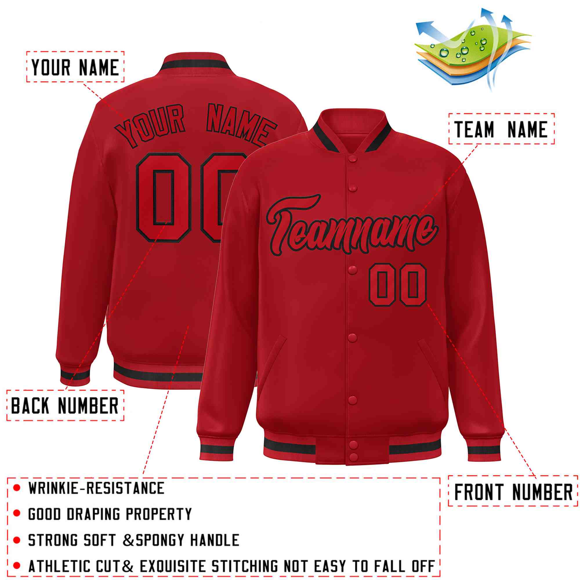 Custom Red Red-Black Classic Style Varsity Full-Snap Letterman Jacket