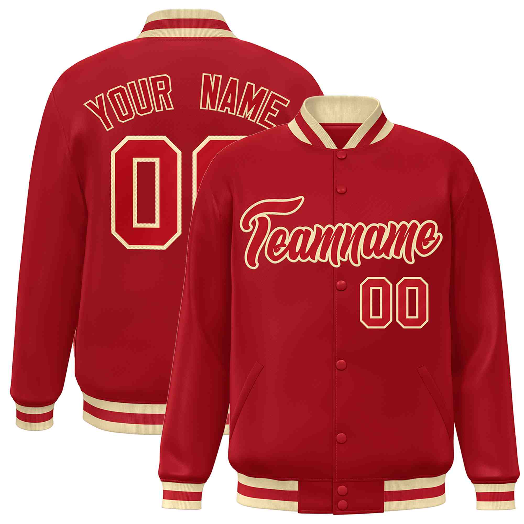 Custom Red Red-Khaki Classic Style Varsity Full-Snap Letterman Jacket