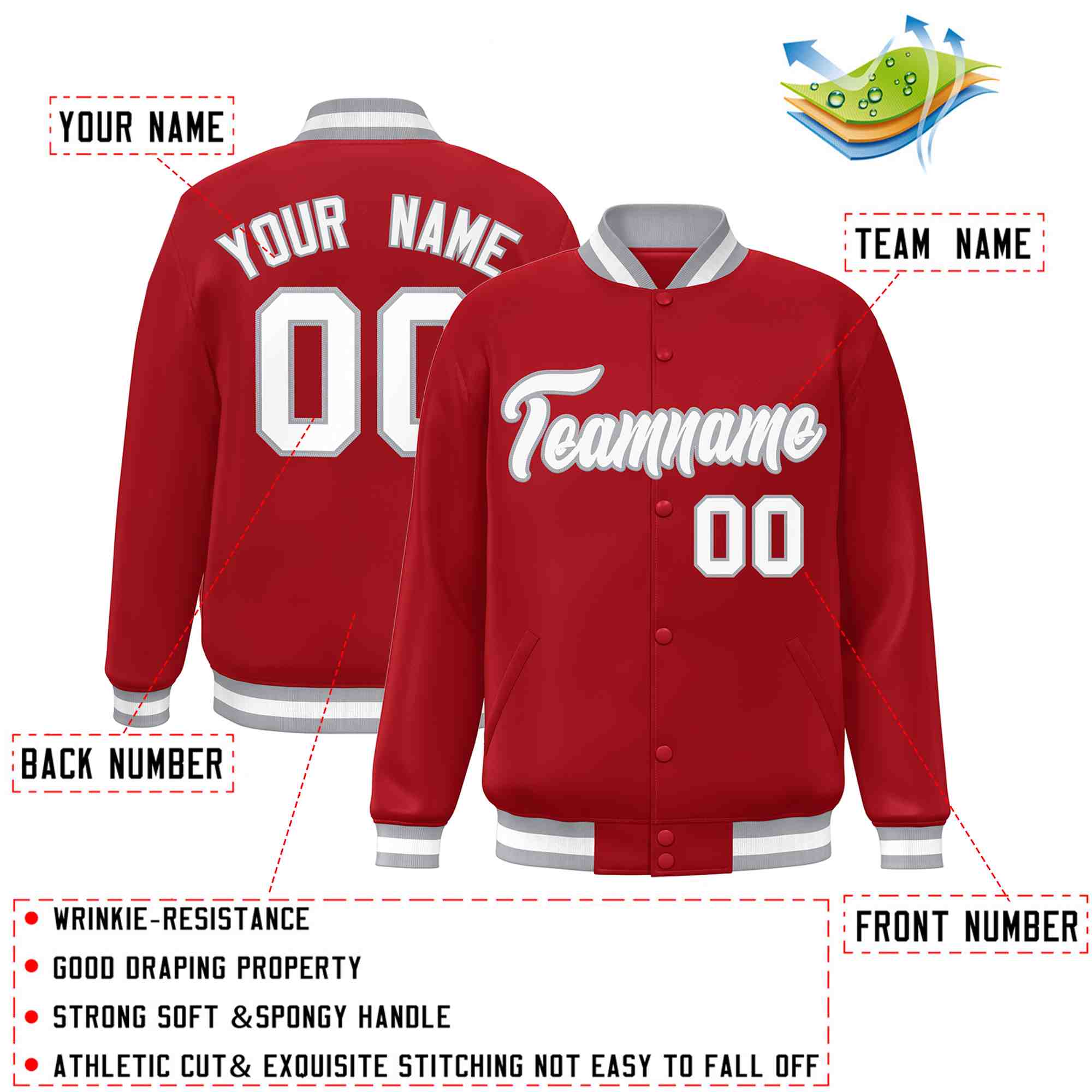 Custom Red White-Gray Classic Style Varsity Full-Snap Letterman Jacket