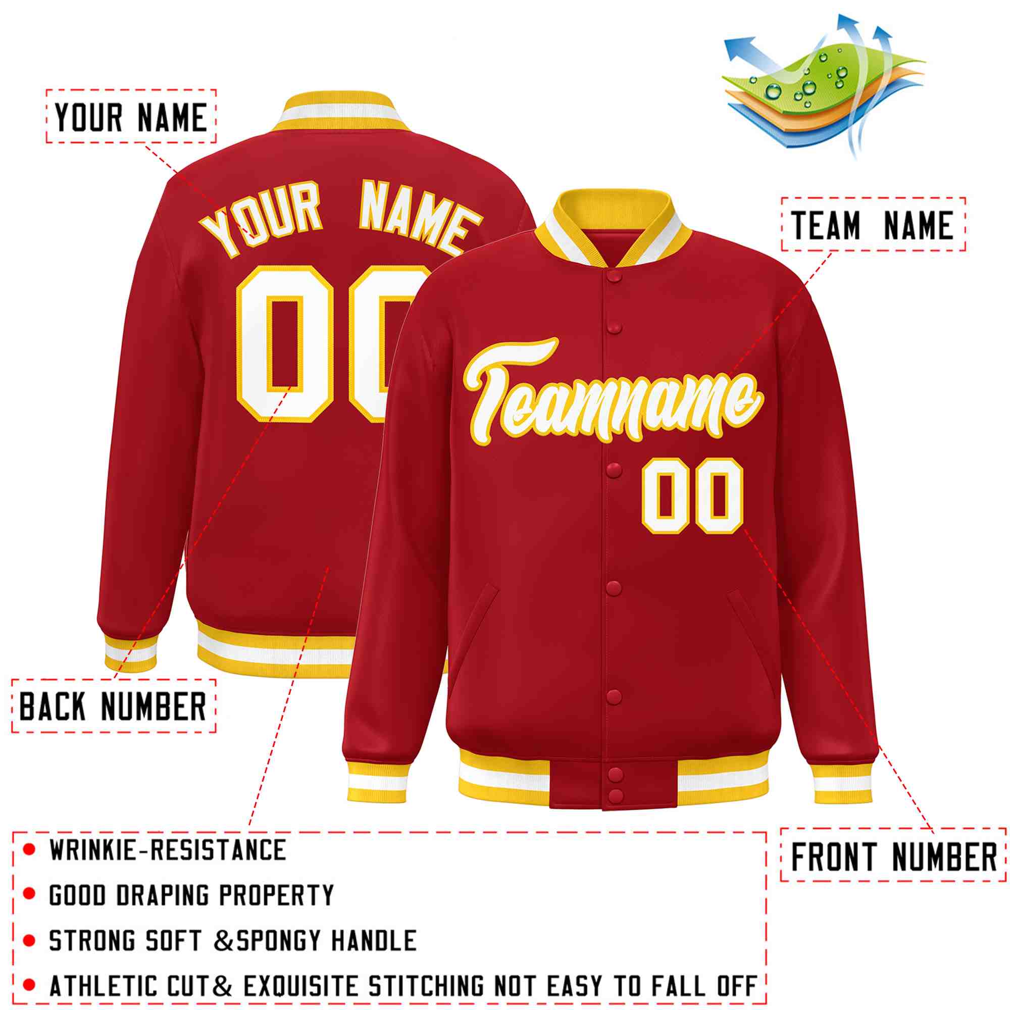 Custom Red White-Gold Classic Style Varsity Full-Snap Letterman Jacket