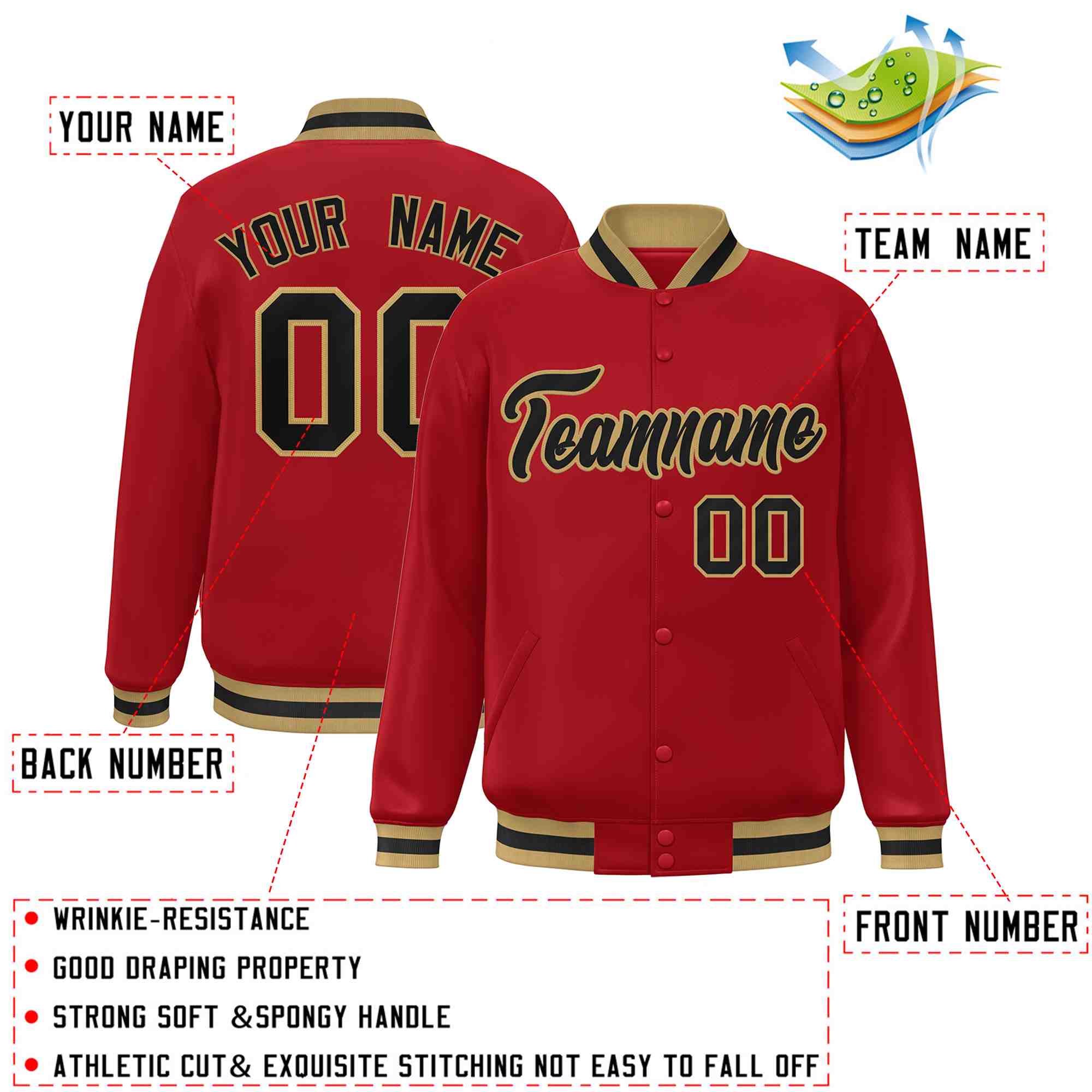 Custom Red Black-Old Gold Classic Style Varsity Full-Snap Letterman Jacket