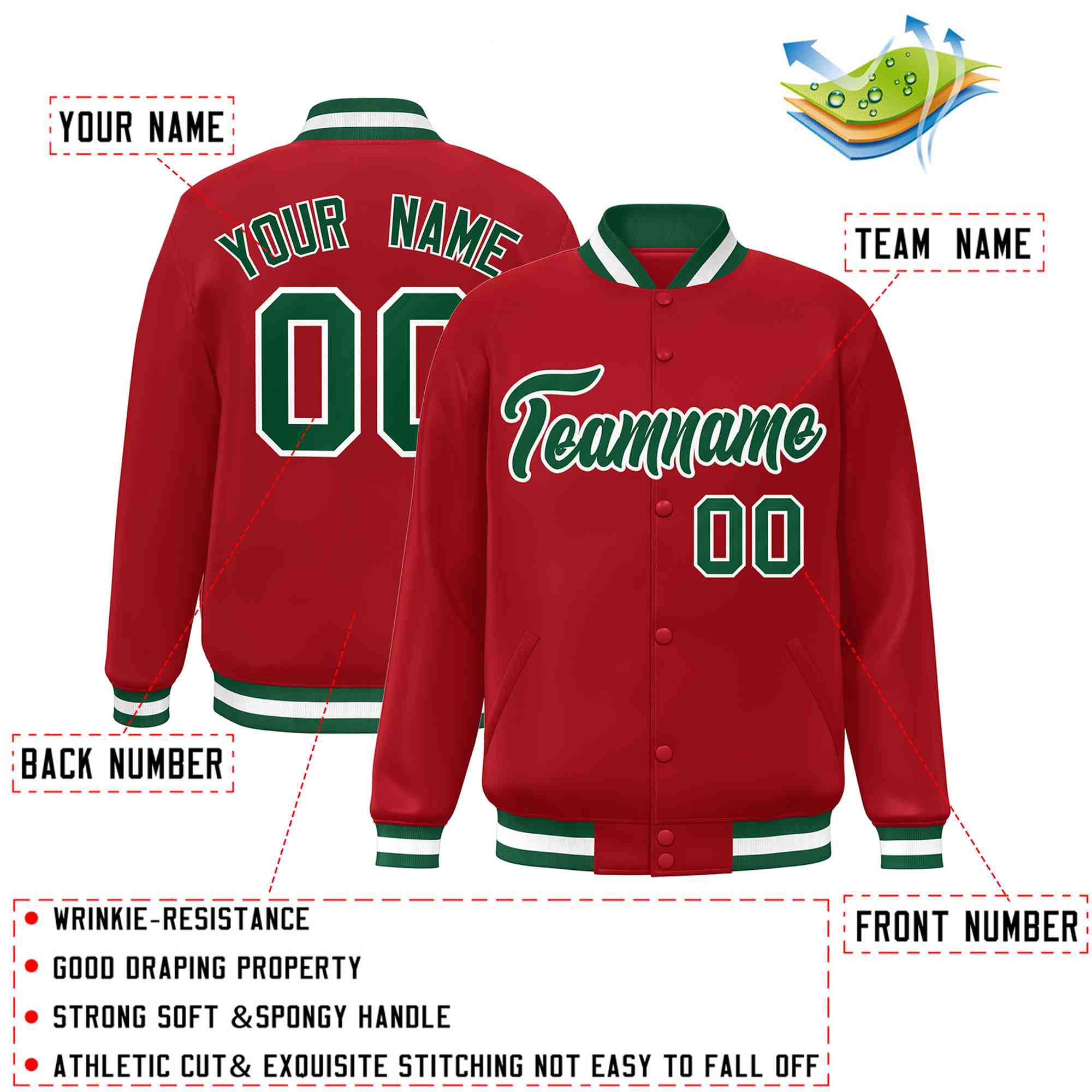 Custom Red Green-White Classic Style Varsity Full-Snap Letterman Jacket