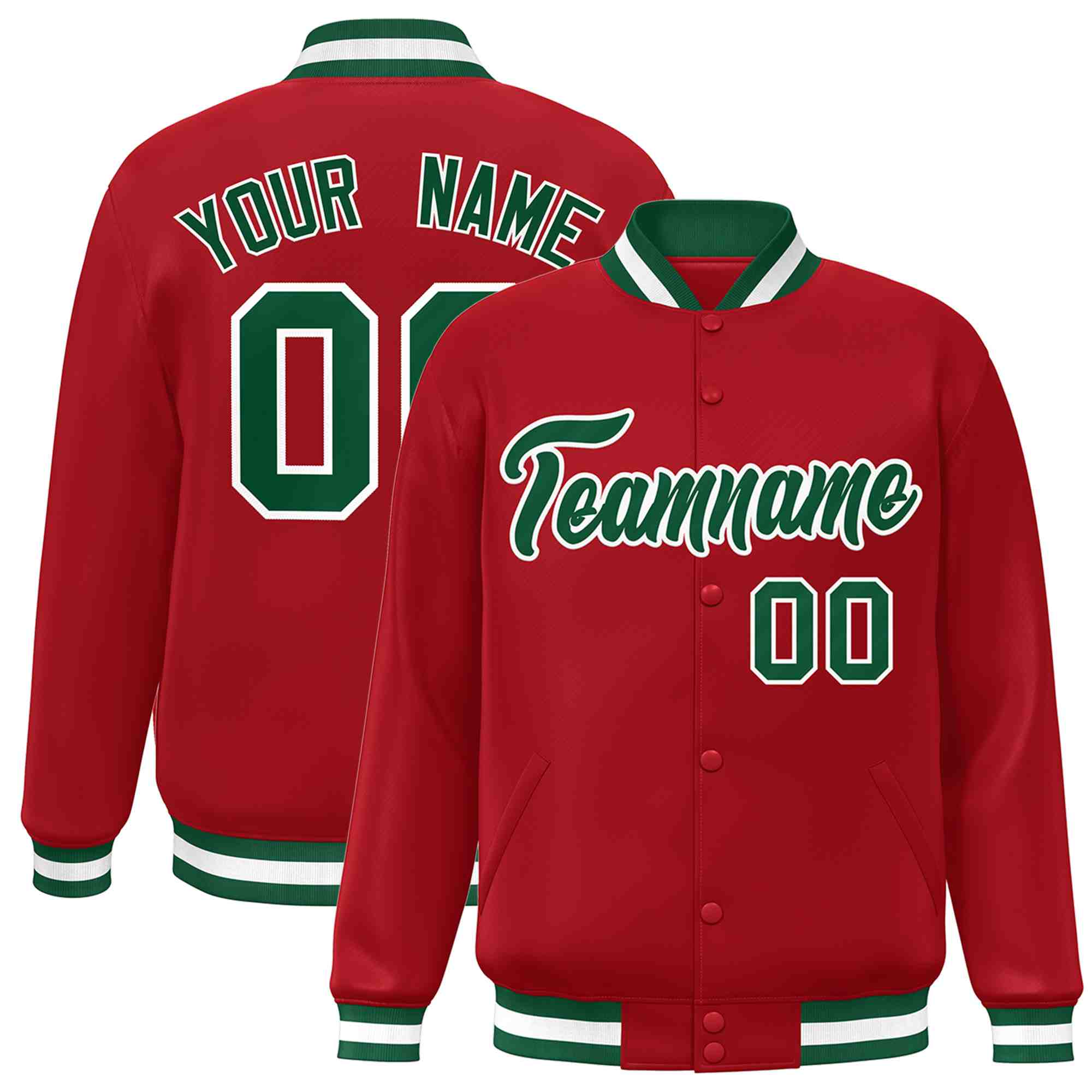 Custom Red Green-White Classic Style Varsity Full-Snap Letterman Jacket