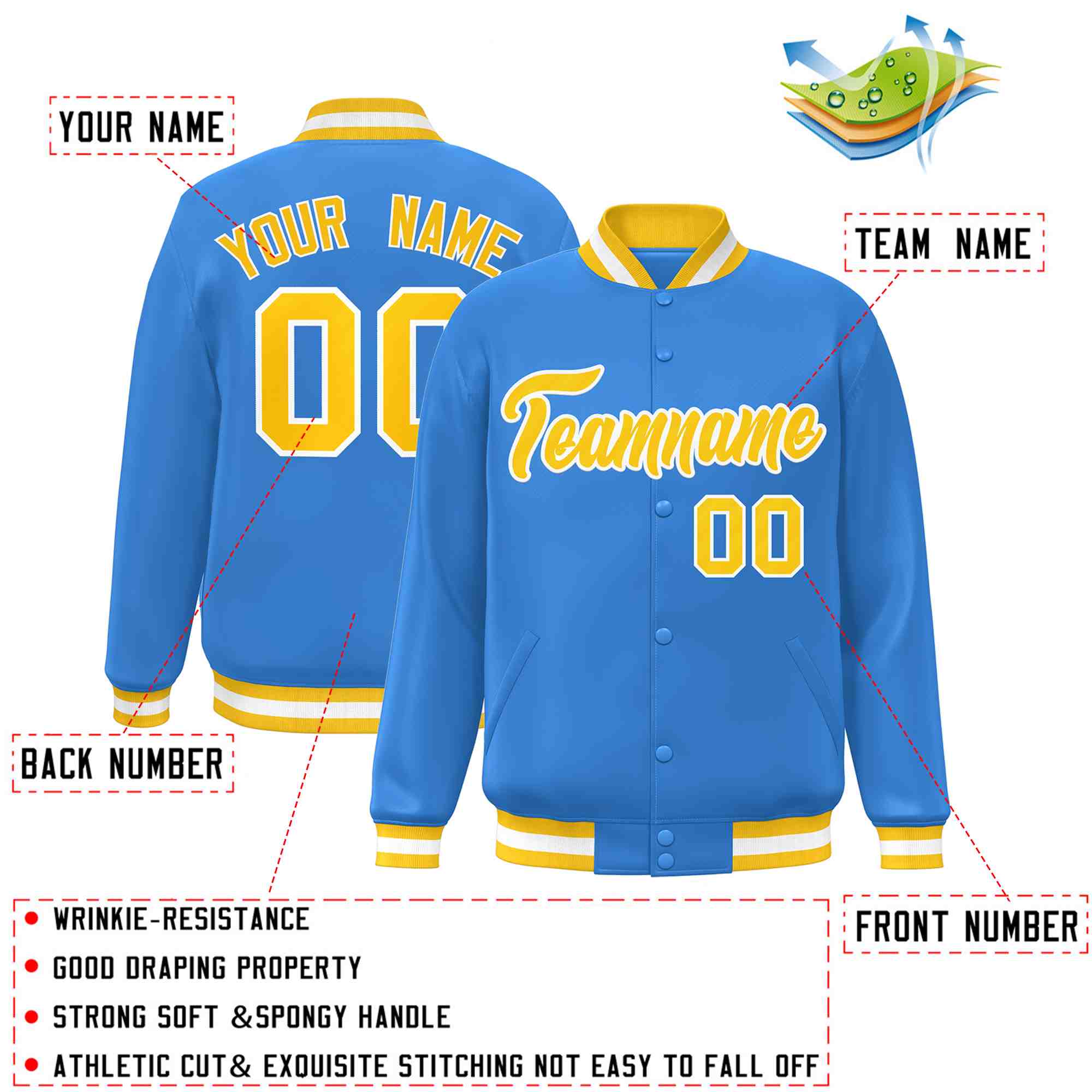 Custom Powder Blue Gold-White Classic Style Varsity Full-Snap Letterman Jacket