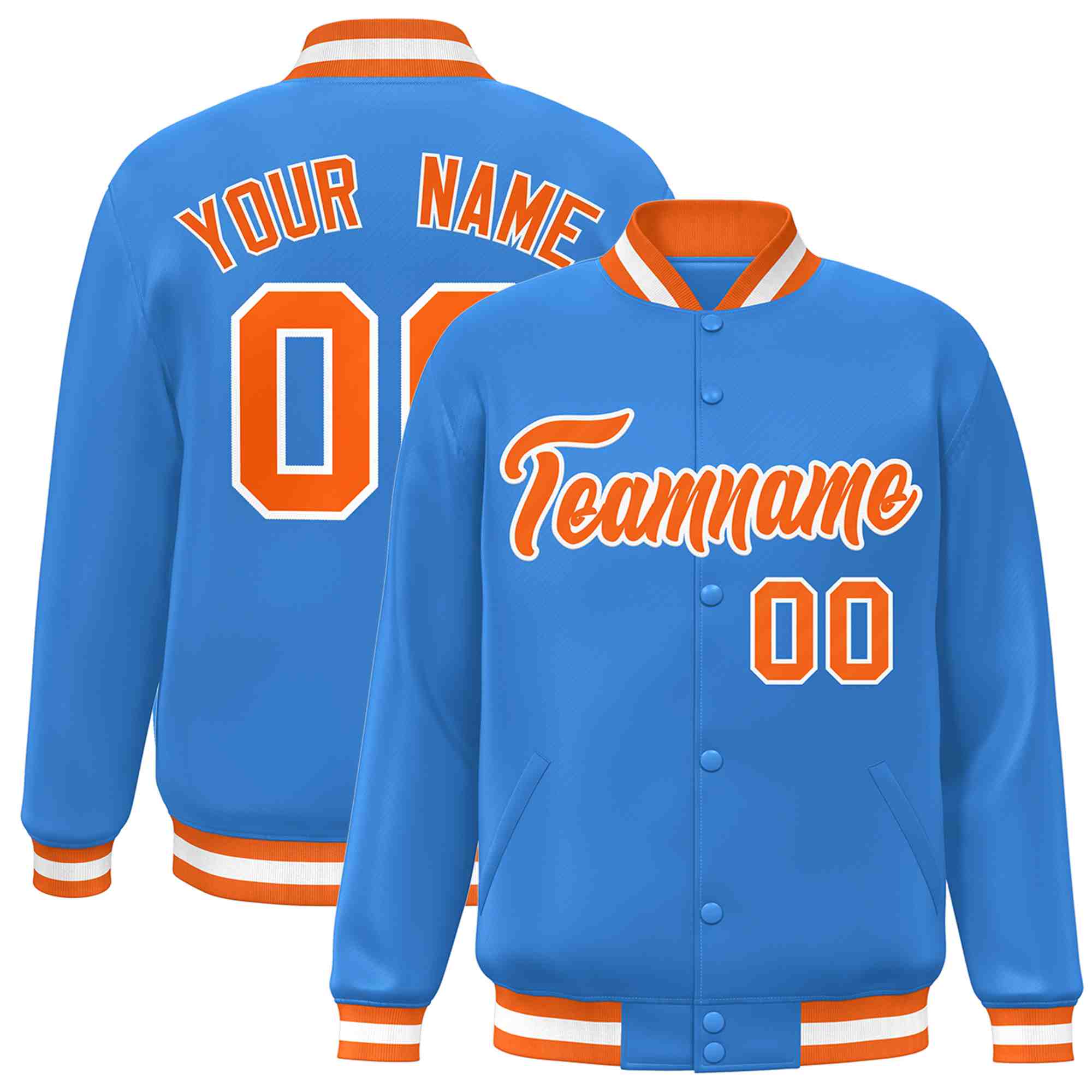 Custom Powder Blue Orange-White Classic Style Varsity Full-Snap Letterman Jacket