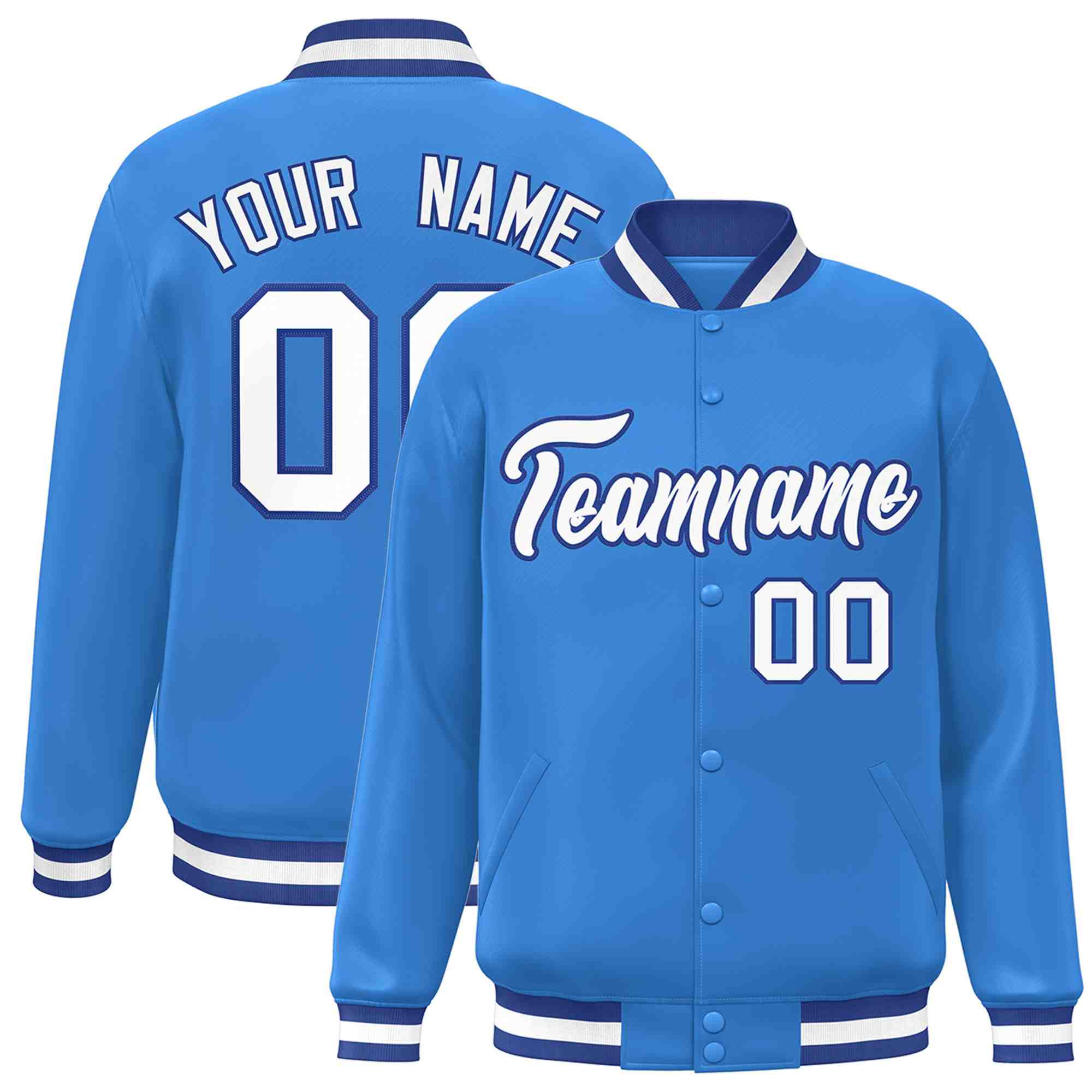 Custom Powder Blue White-Royal Classic Style Varsity Full-Snap Letterman Jacket