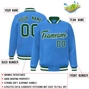 Custom Powder Blue Green-White Classic Style Varsity Full-Snap Letterman Jacket