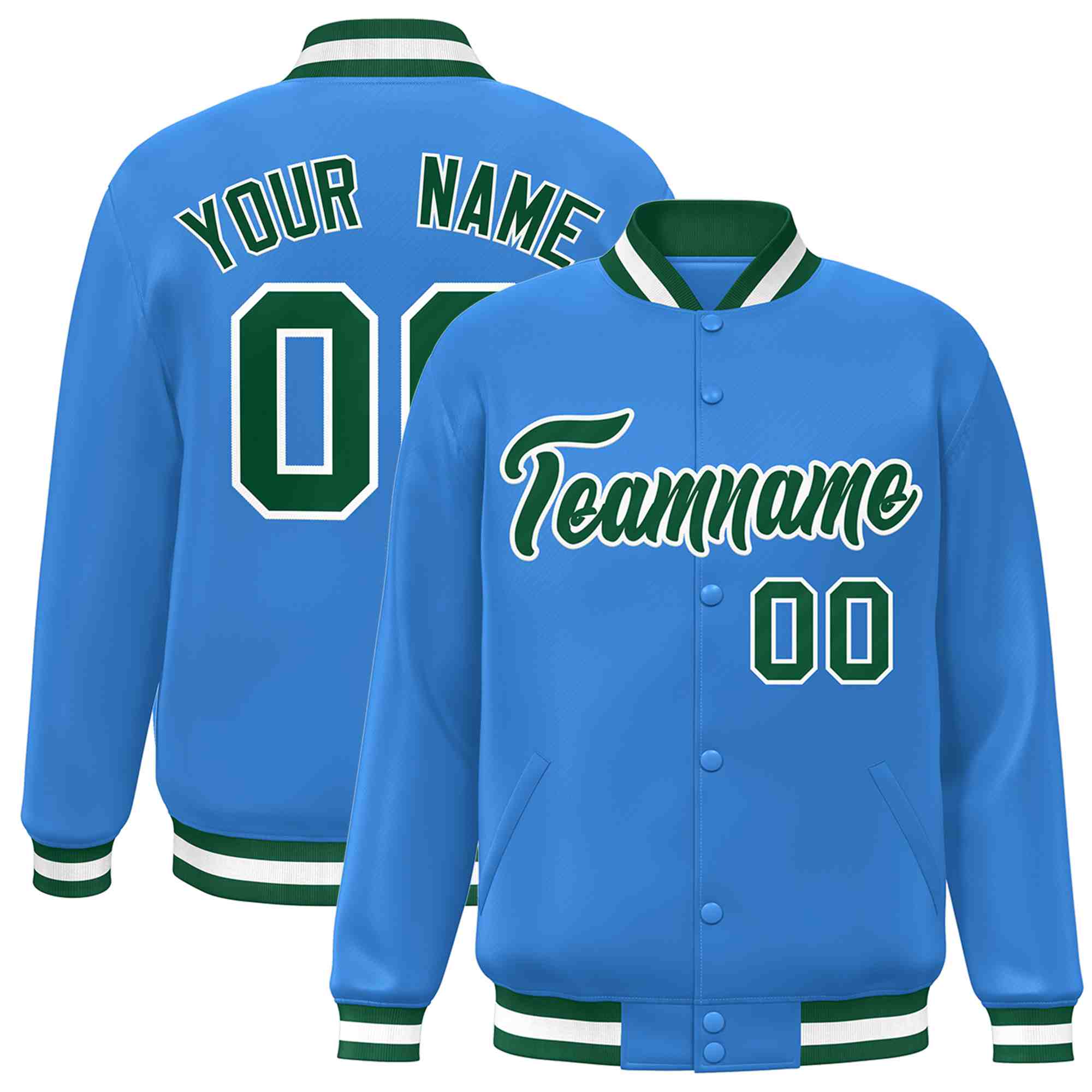 Custom Powder Blue Green-White Classic Style Varsity Full-Snap Letterman Jacket