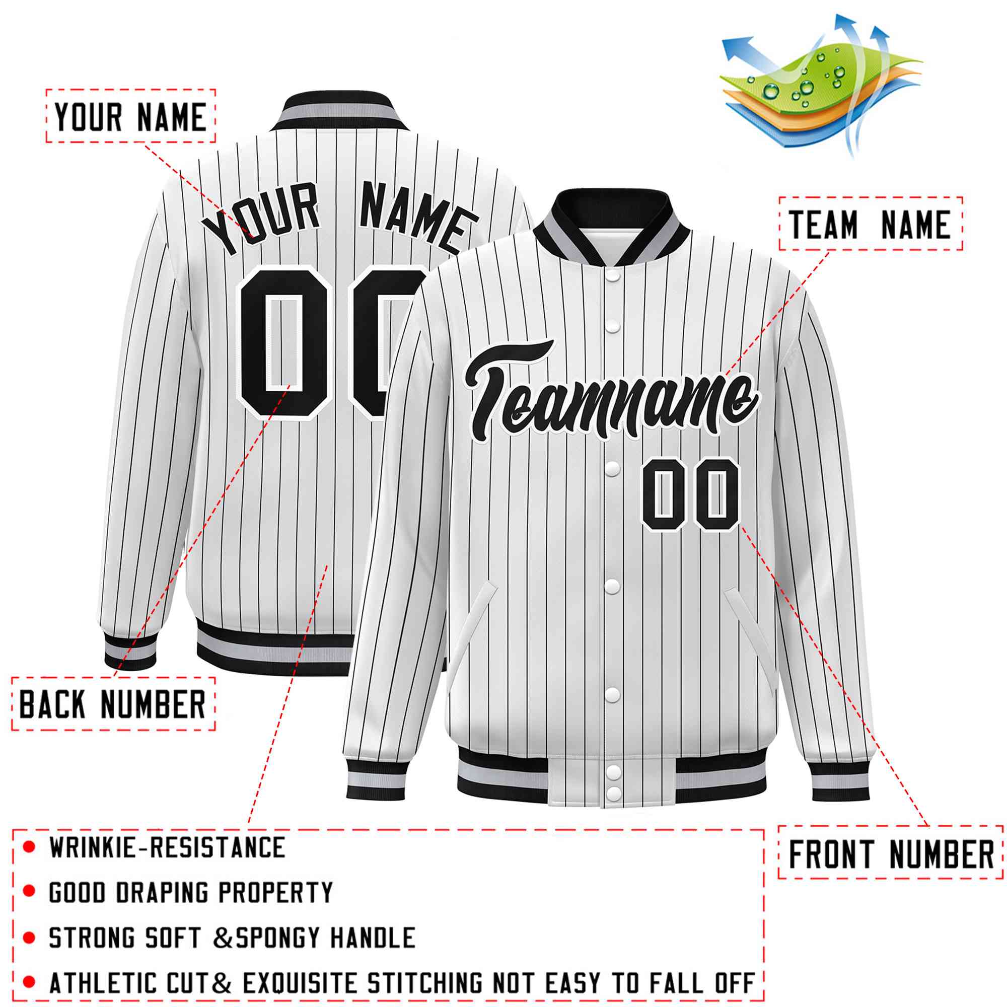 Custom White Black-White Personalized Stripe Fashion Letterman Bomber Varsity Jacket