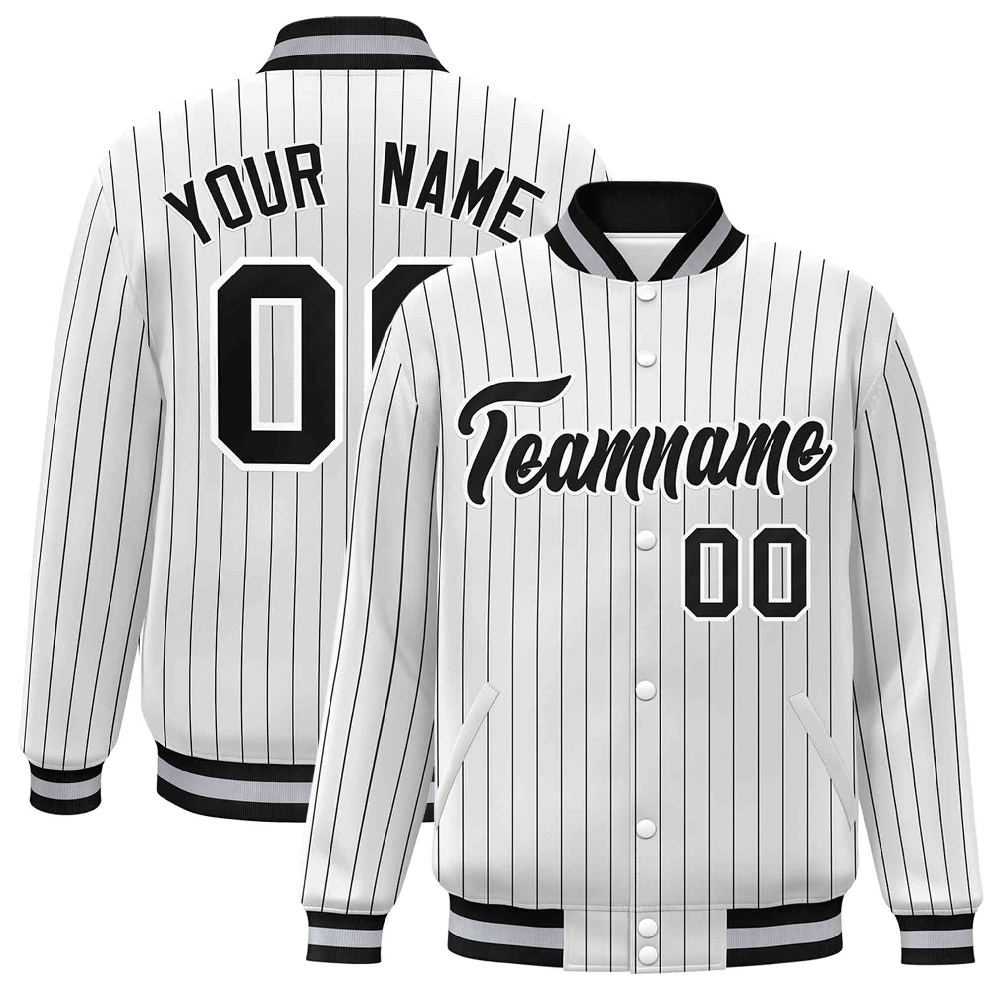 Custom White Black-White Personalized Stripe Fashion Letterman Bomber Varsity Jacket