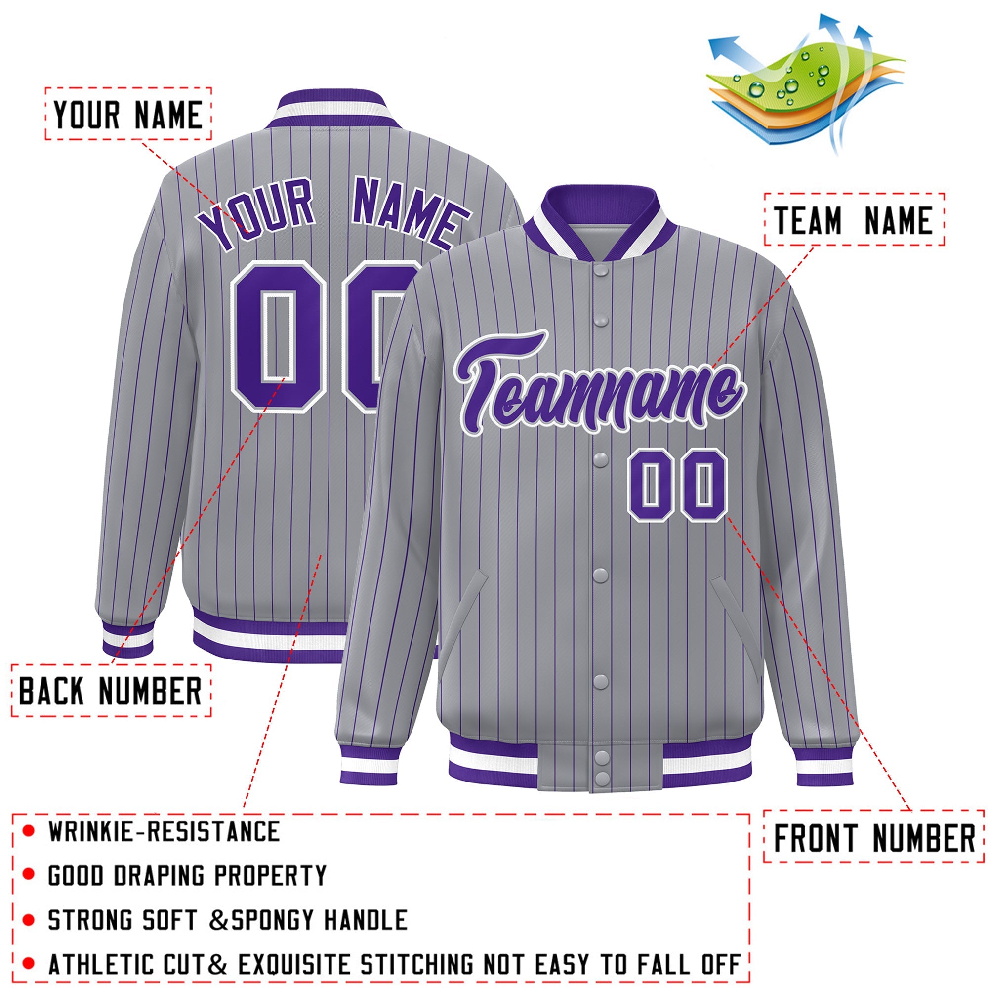 Custom Gray Purple-White Personalized Stripe Fashion Letterman Bomber Varsity Jacket