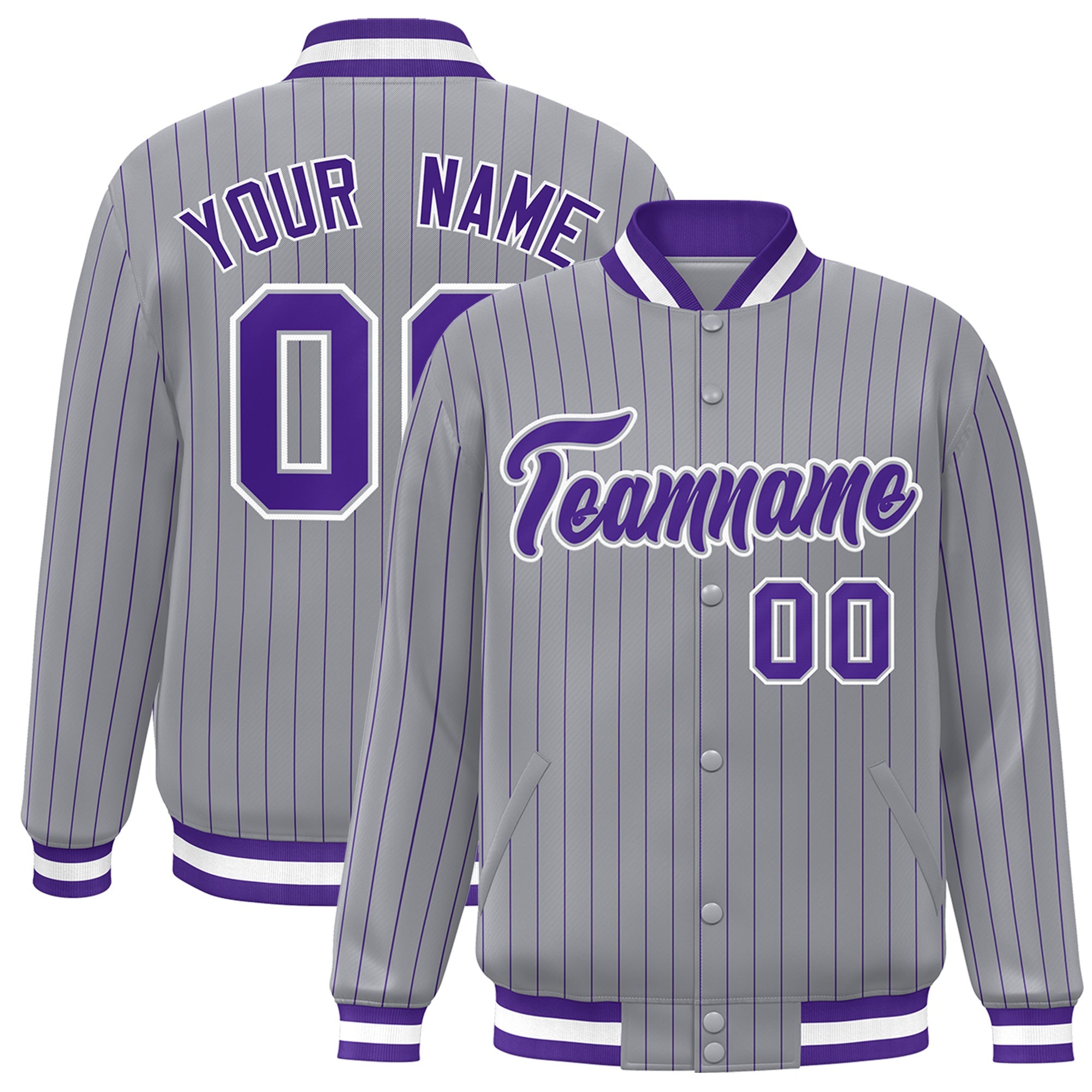 Custom Gray Purple-White Personalized Stripe Fashion Letterman Bomber Varsity Jacket