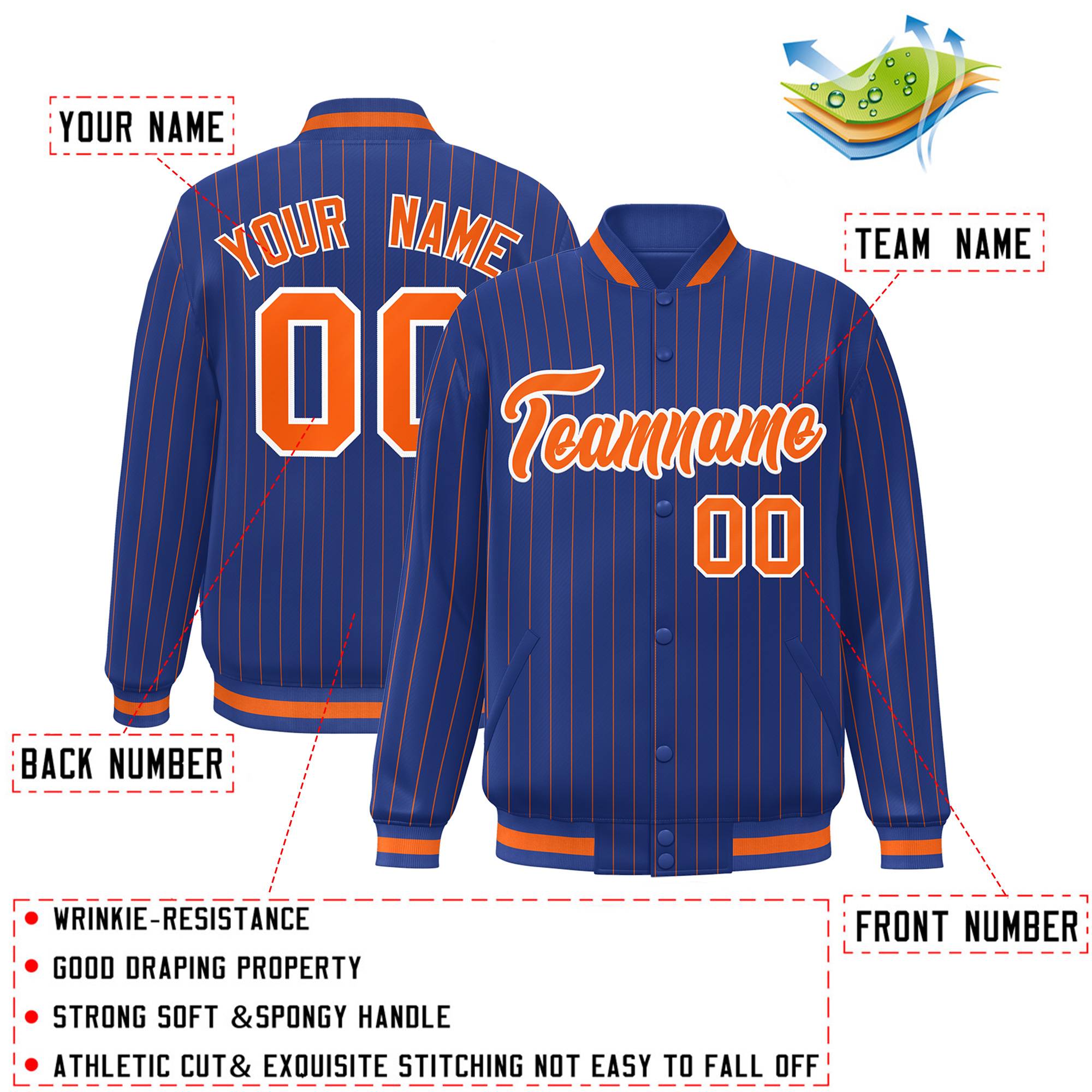 Custom Royal Orange-Blanc Personnalisé Stripe Fashion Letterman Bomber Varsity Jacket