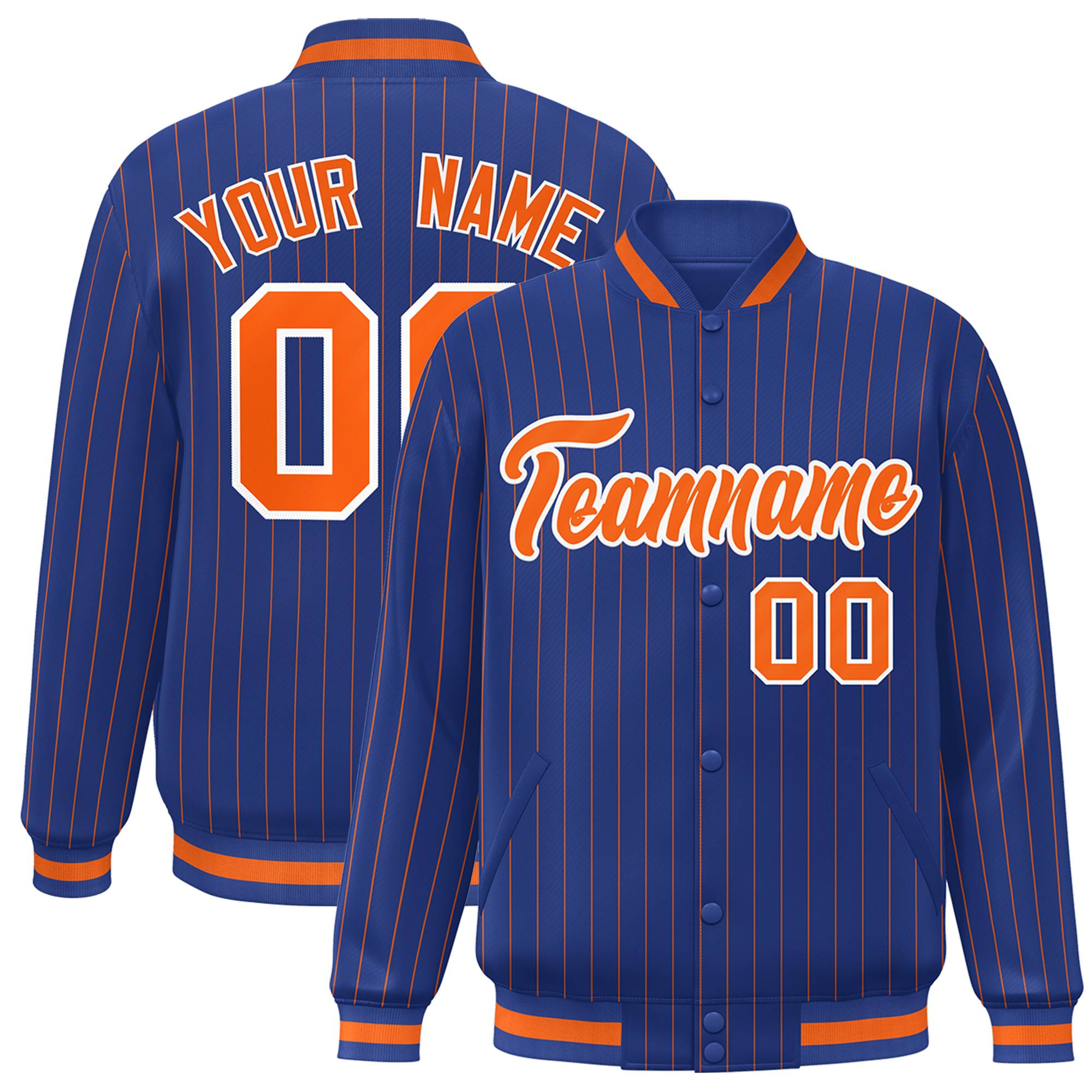 Custom Royal Orange-Blanc Personnalisé Stripe Fashion Letterman Bomber Varsity Jacket