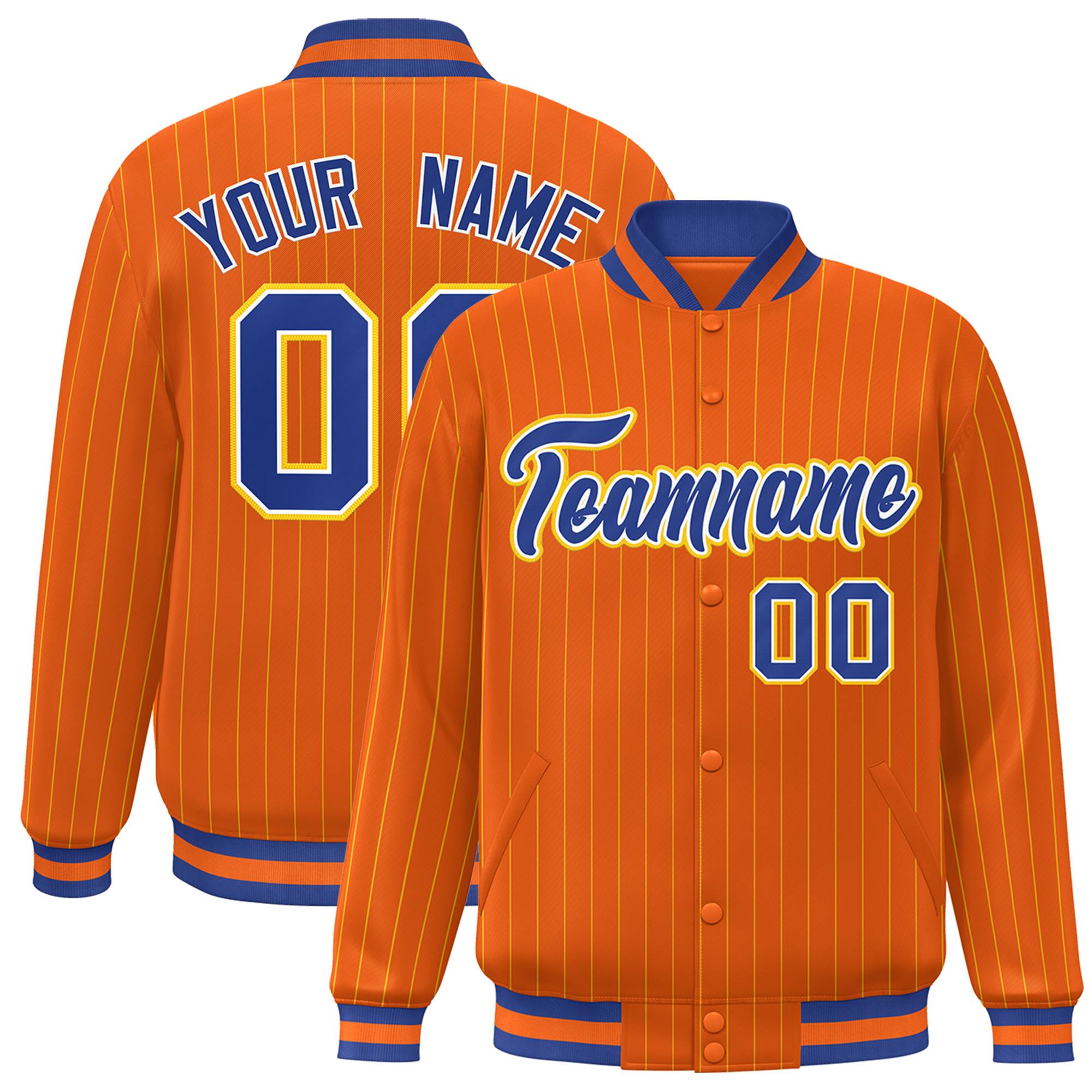 Custom Orange Royal-Gold Personalized Stripe Fashion Letterman Bomber Varsity Jacket