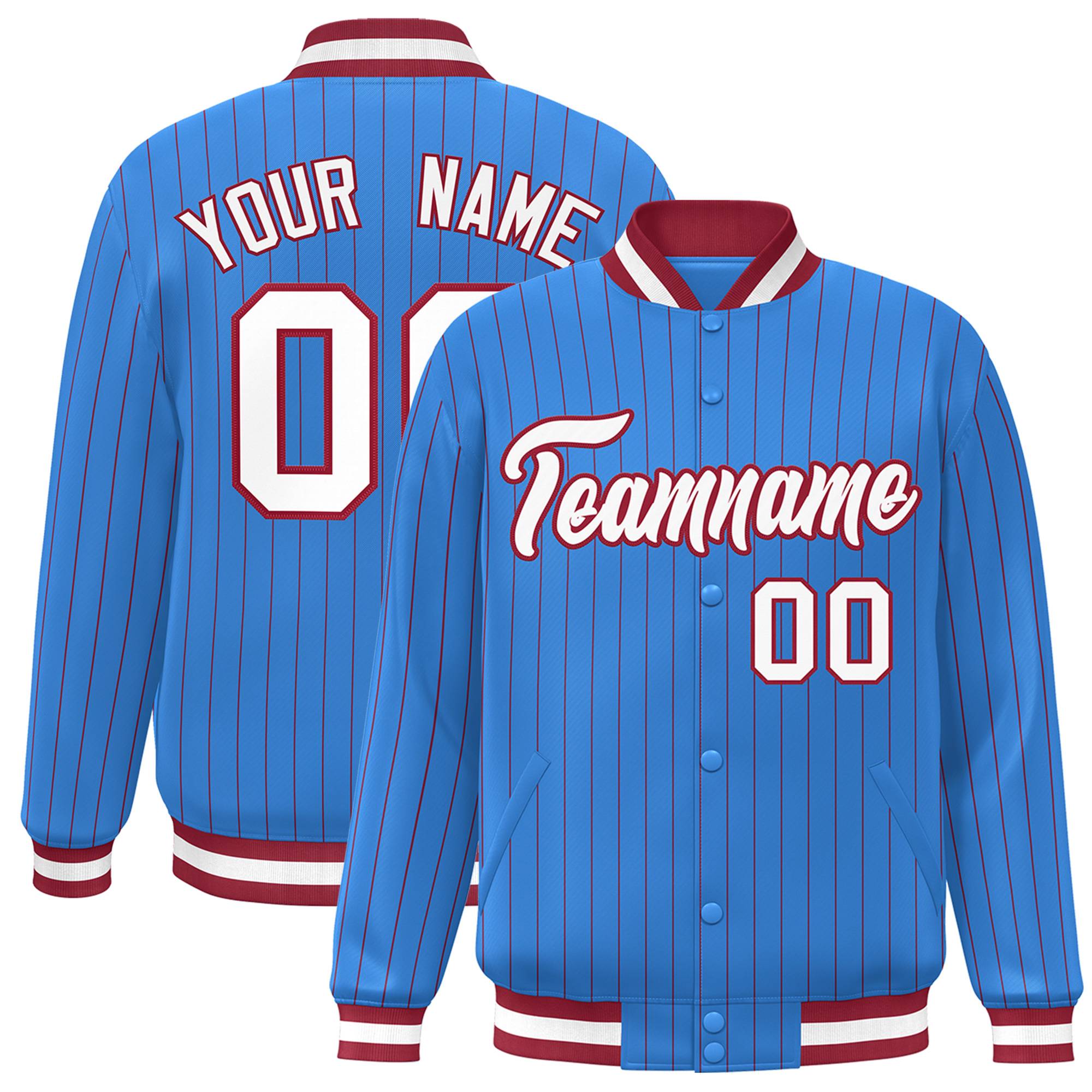 Custom Powder Blue White-Scarlet Personalized Stripe Fashion Letterman Bomber Varsity Jacket