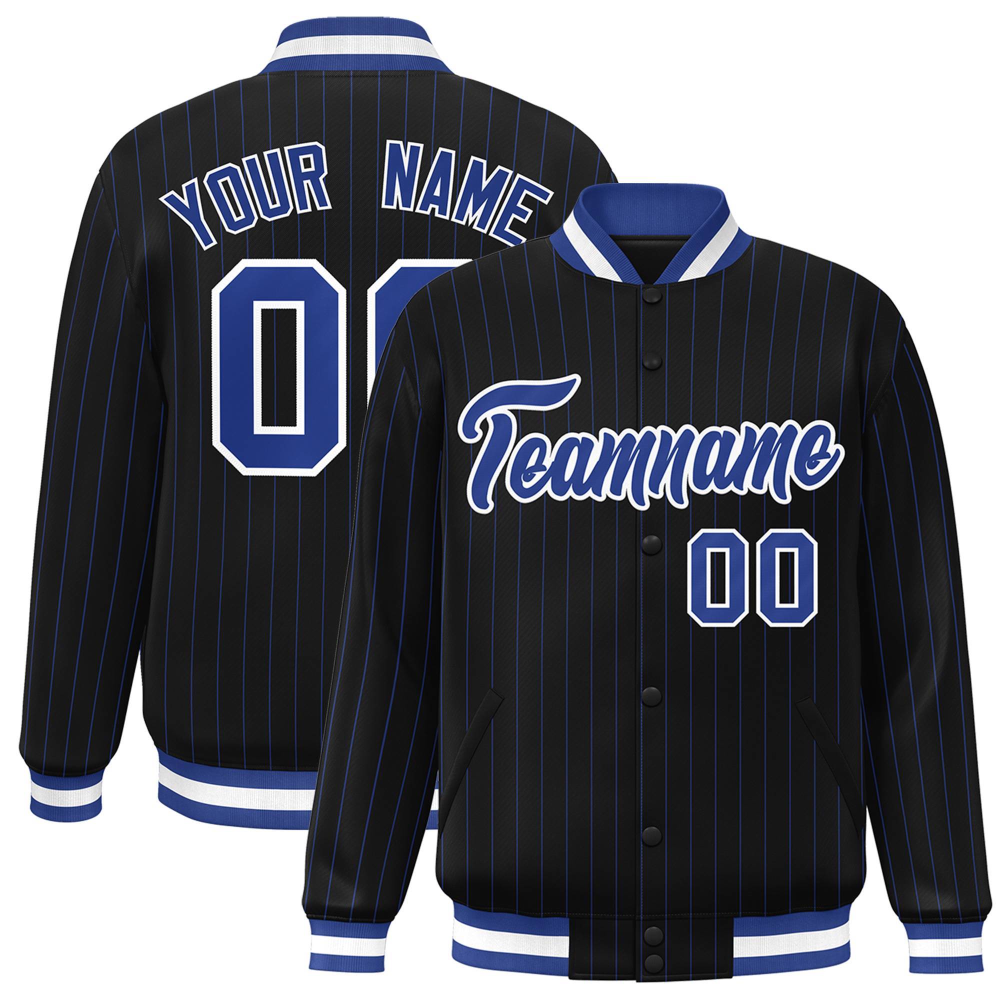 Custom Black Royal-White Personalized Stripe Fashion Varsity Jacket