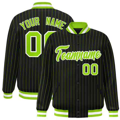 Custom Black Neon Green-White Personalized Letterman Stripe Fashion Team Varsity Jacket