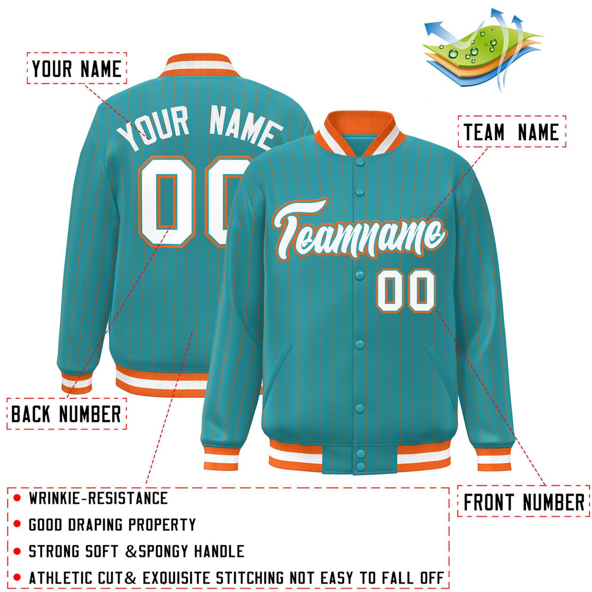 Custom Aqua White-Orange Personalized Stripe Fashion Bomber Team Sport Jacket