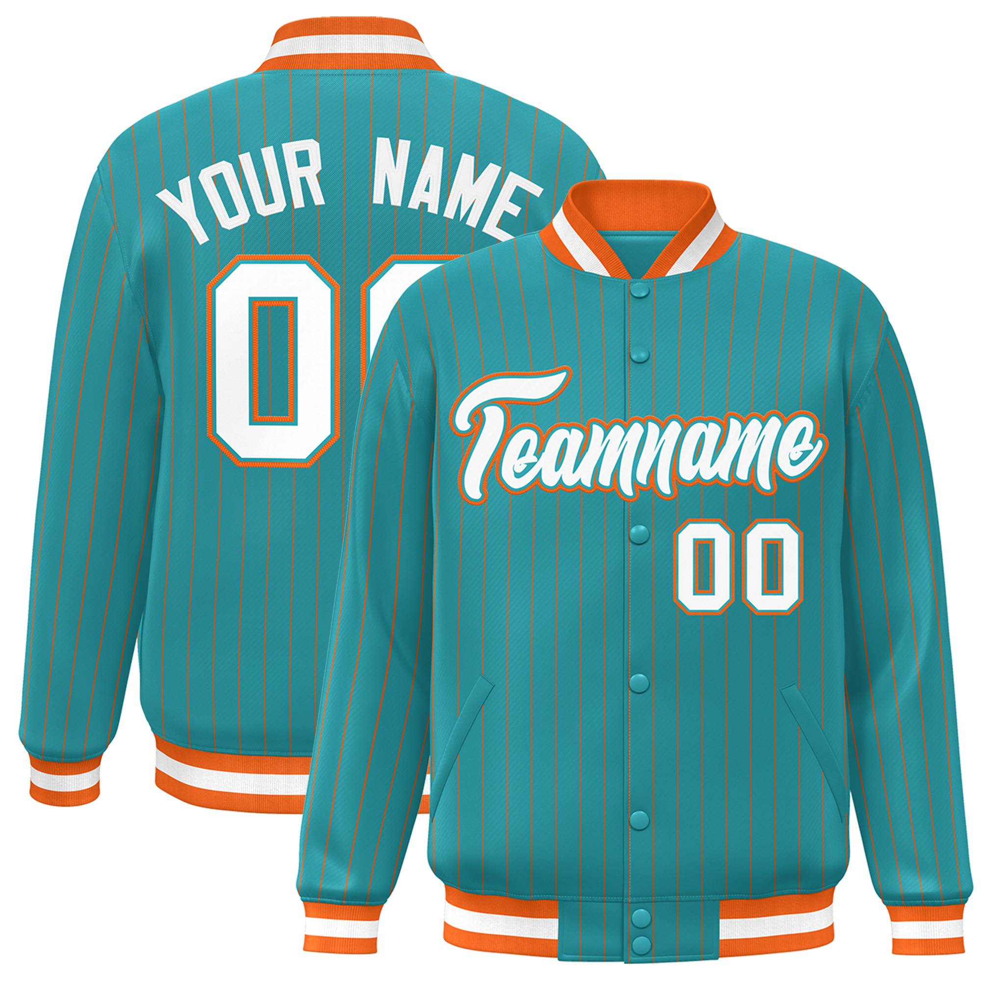 Custom Aqua White-Orange Personalized Stripe Fashion Bomber Team Sport Jacket