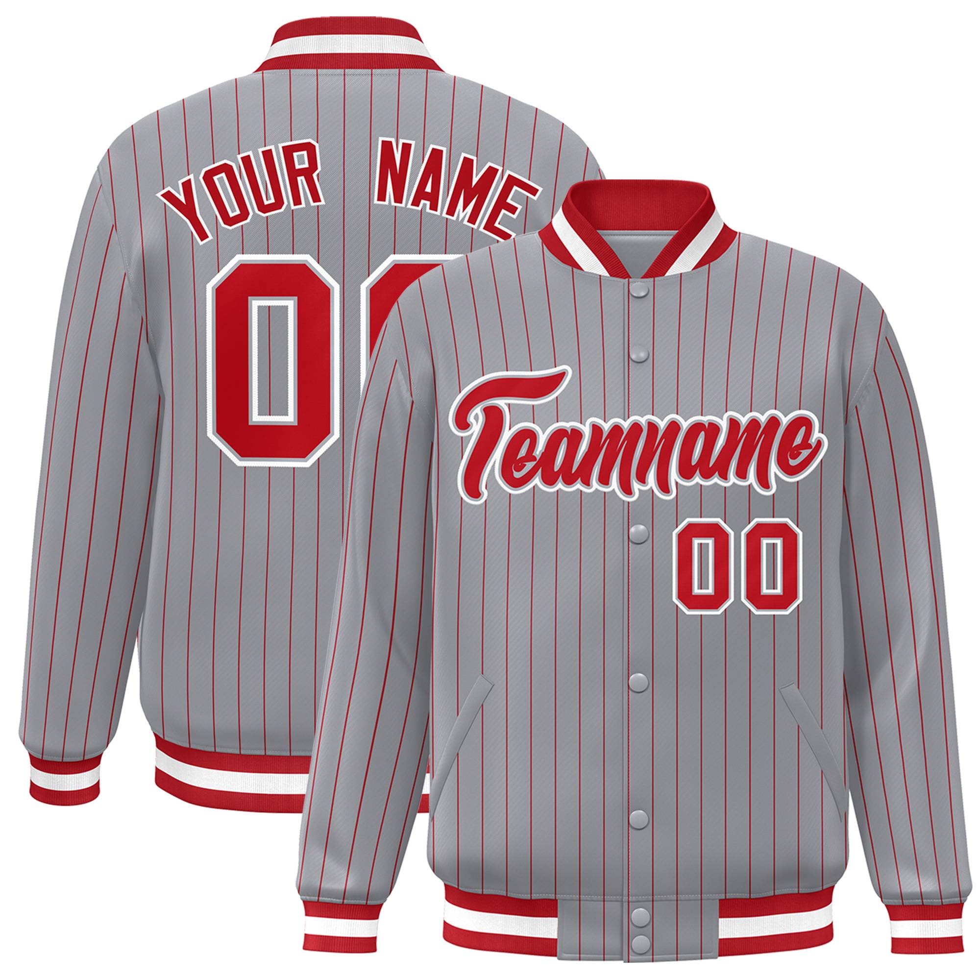 Custom Gray Red-White Personalized Stripe Fashion Letterman Bomber Varsity Jacket