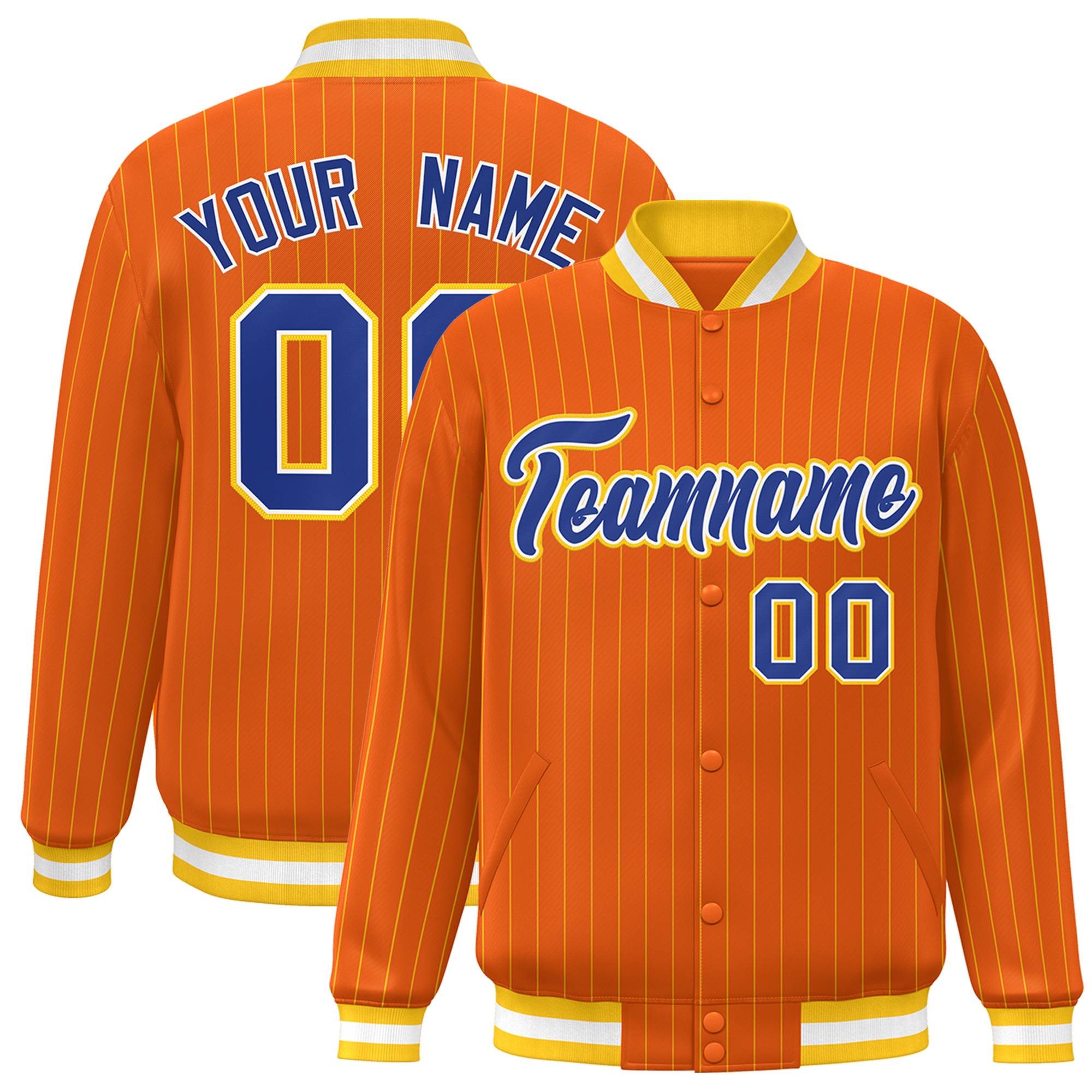 Custom Orange Royal-Gold Personalized Stripe Fashion Letterman Bomber Varsity Jacket