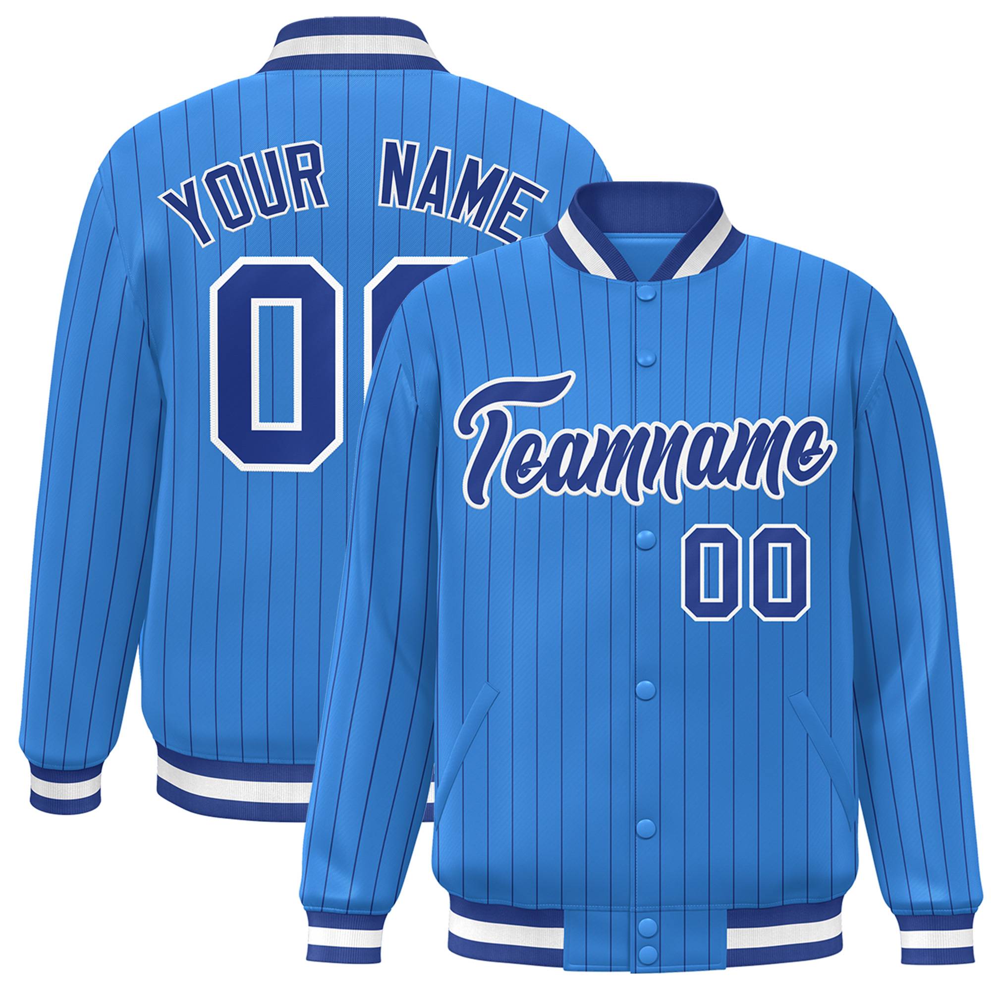 Custom Powder Blue Royal-White Personalized Stripe Fashion Letterman Bomber Varsity Jacket