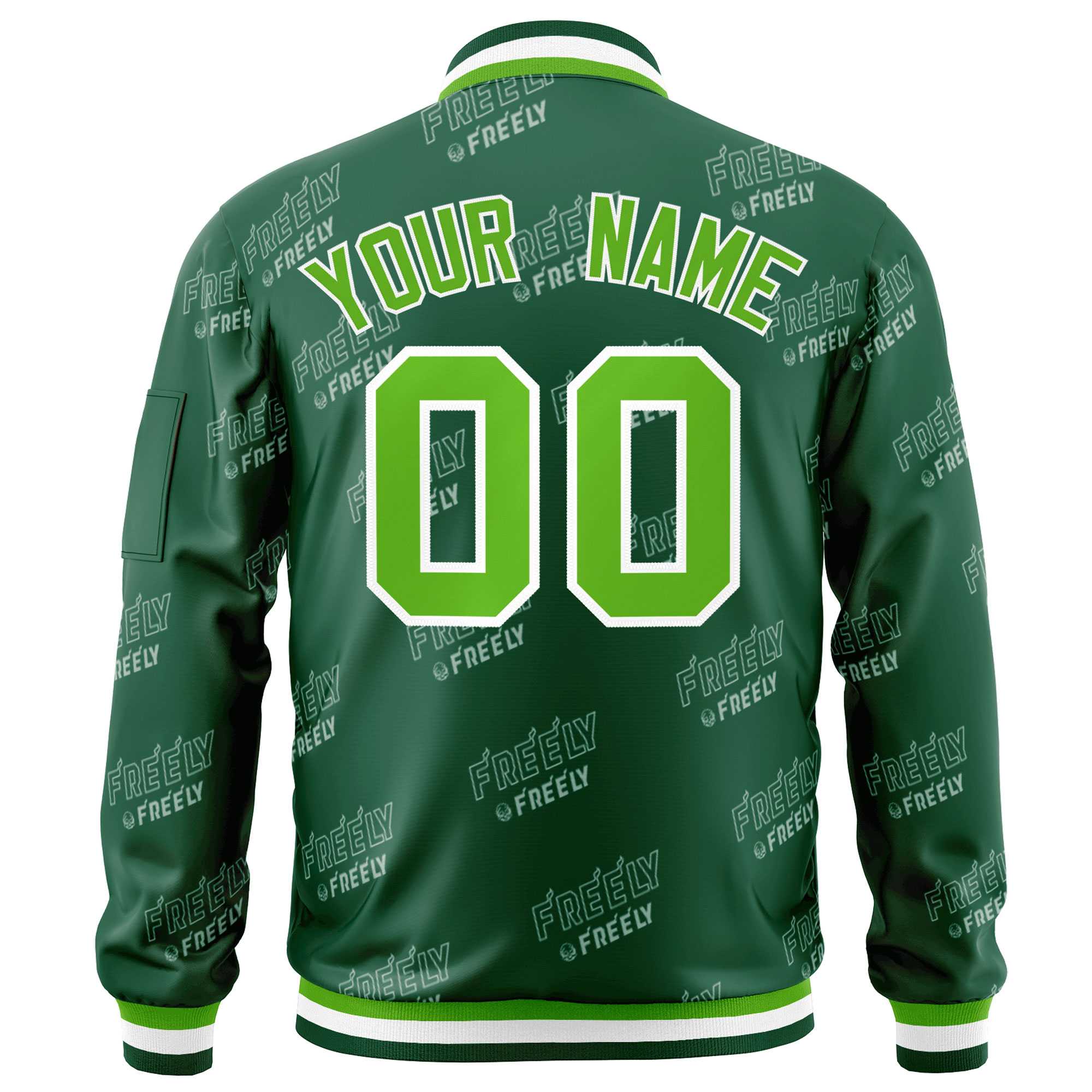 Custom Green White Letter Full-Zip Varsity Bomber Jacket