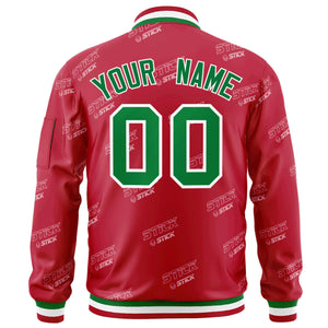 Custom Red Kelly Green-White Letter Full-Zip Varsity Bomber Jacket