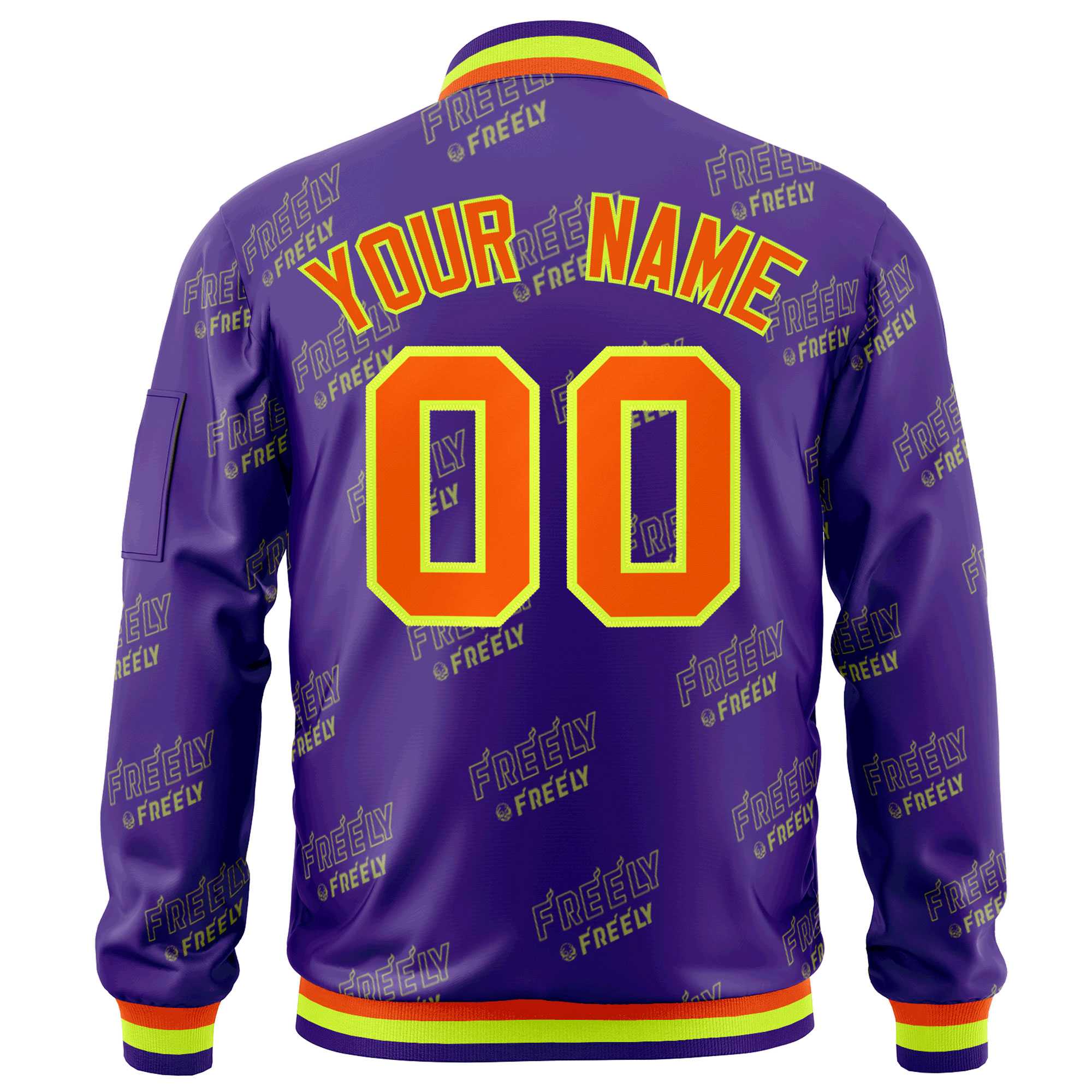 Custom Purple Orange-Neon Green Letter Full-Zip Varsity Bomber Jacket