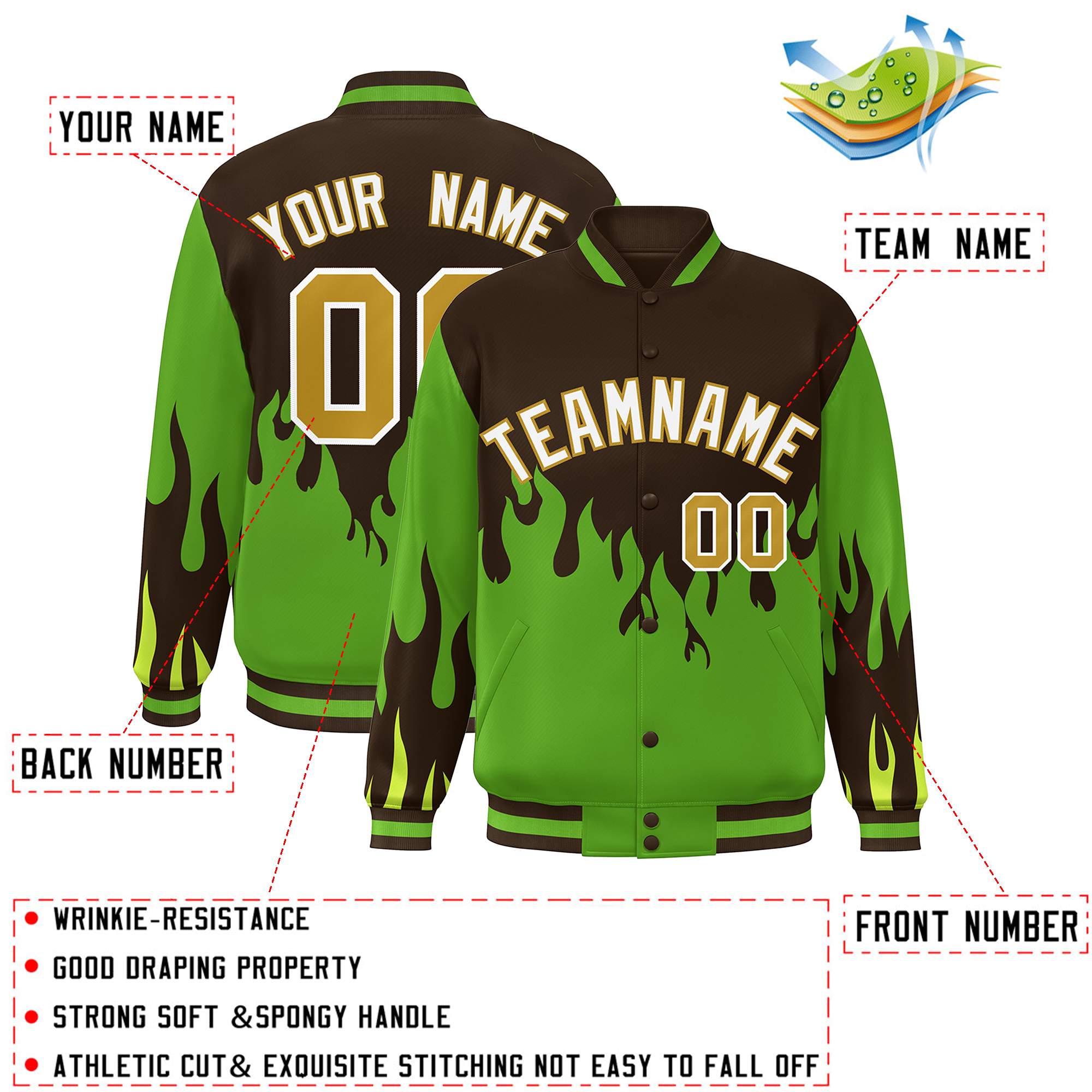 Custom Brown Green-White Flame Graffiti Pattern Bomber Varsity Full-Snap Jacket