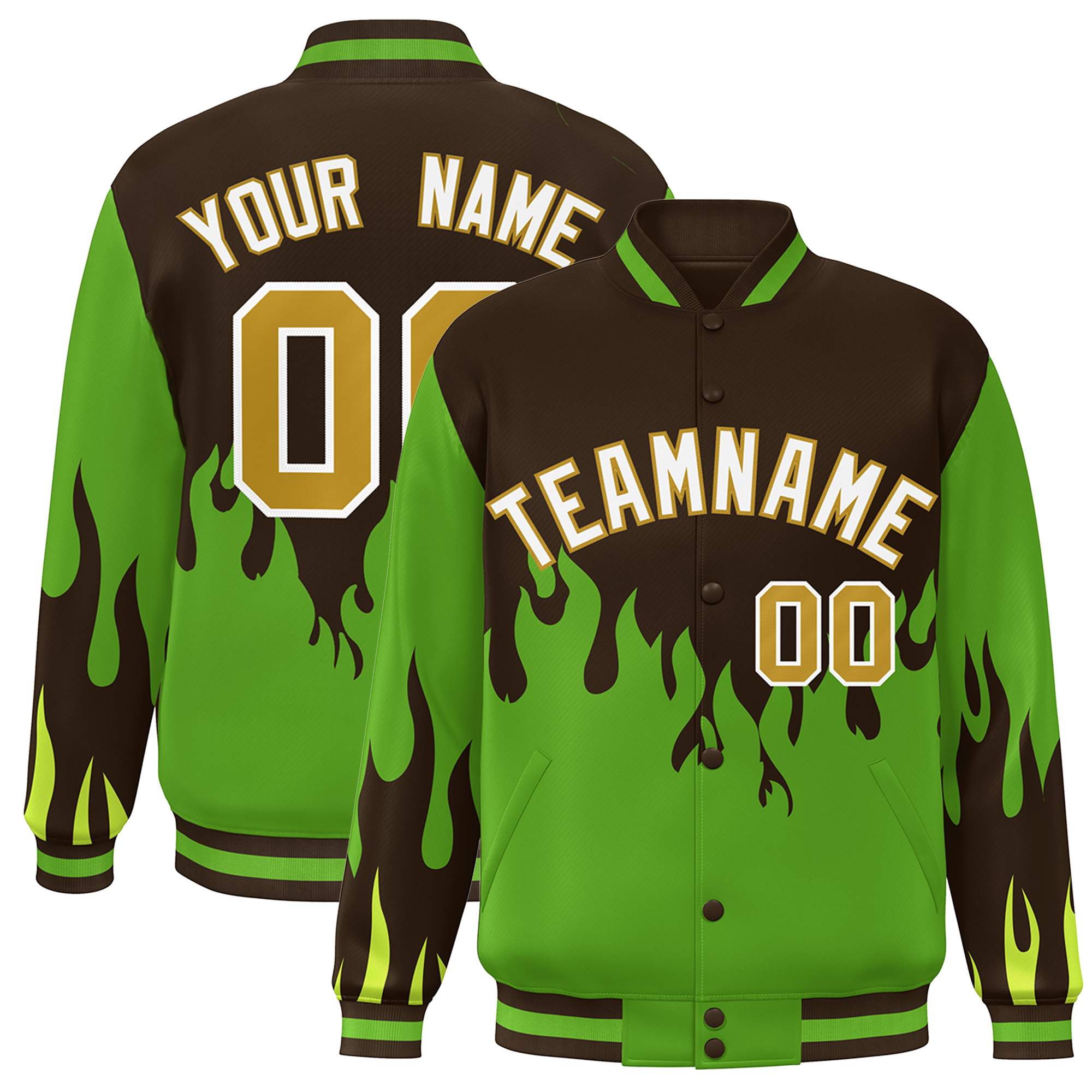 Custom Brown Green-White Flame Graffiti Pattern Bomber Varsity Full-Snap Jacket