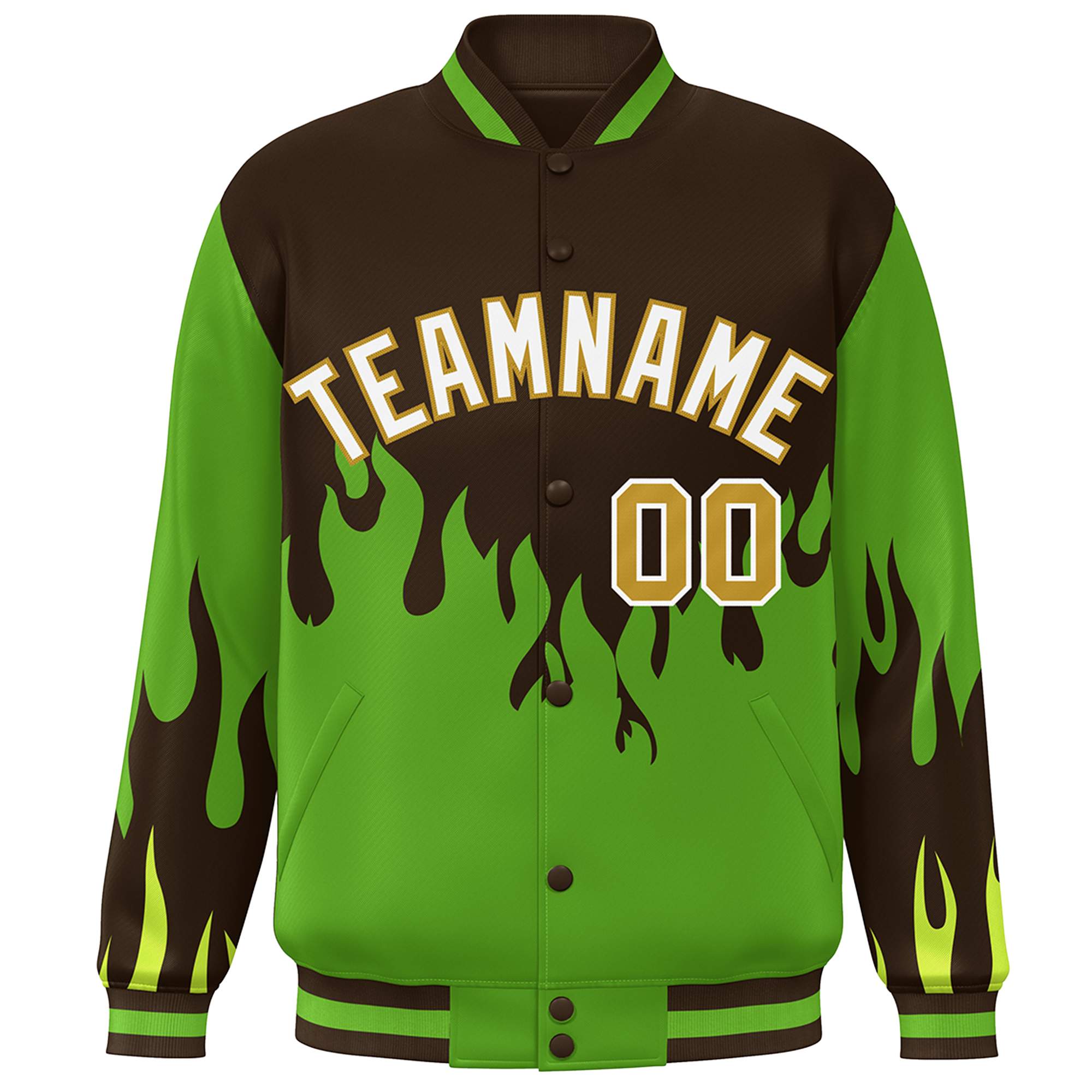 Custom Brown Green-White Flame Graffiti Pattern Bomber Varsity Full-Snap Jacket