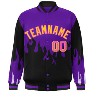 Custom Purple Black-Yellow Flame Graffiti Pattern Bomber Varsity Full-Snap Jacket