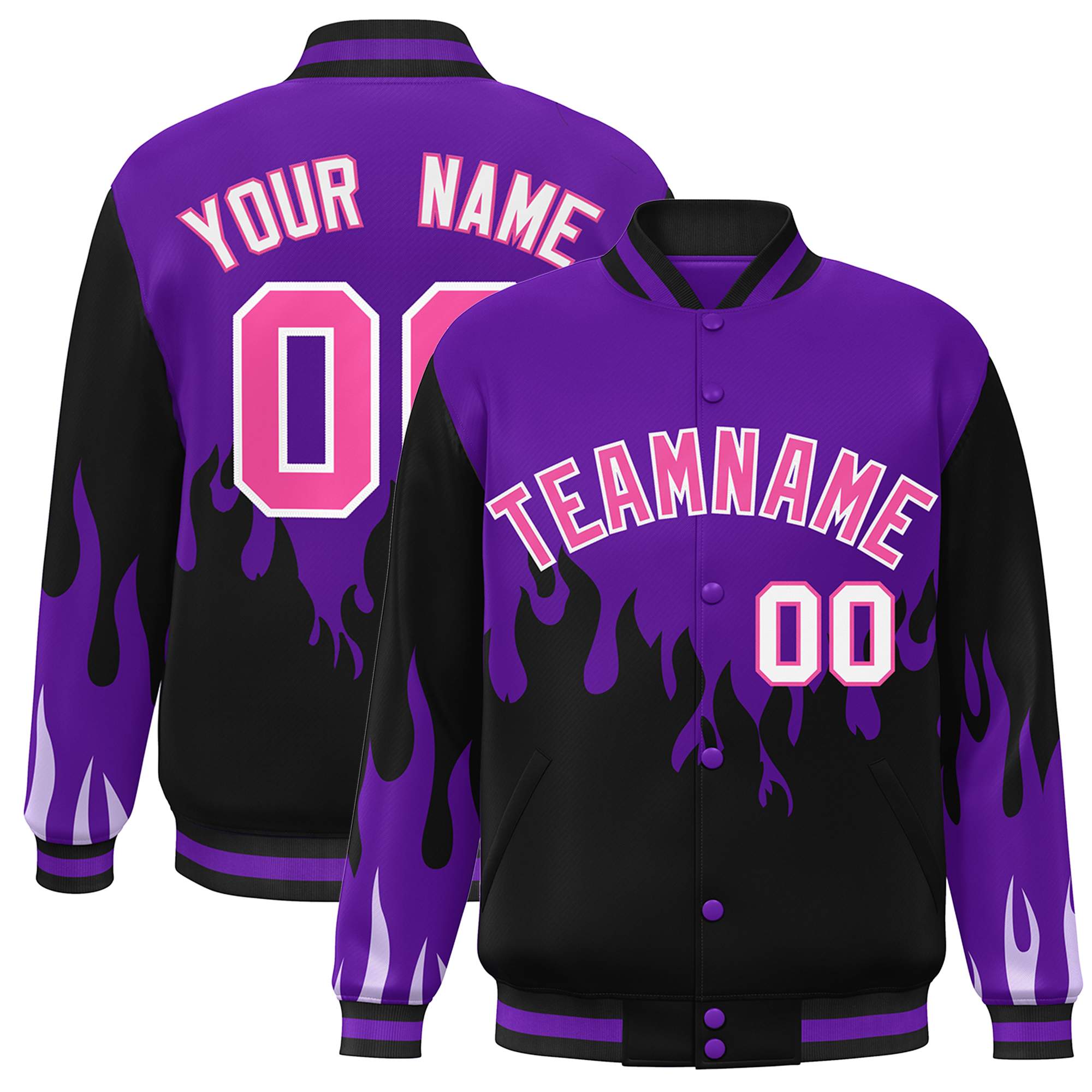 Custom Purple Black-Pink Flame Graffiti Pattern Bomber Varsity Full-Snap Jacket