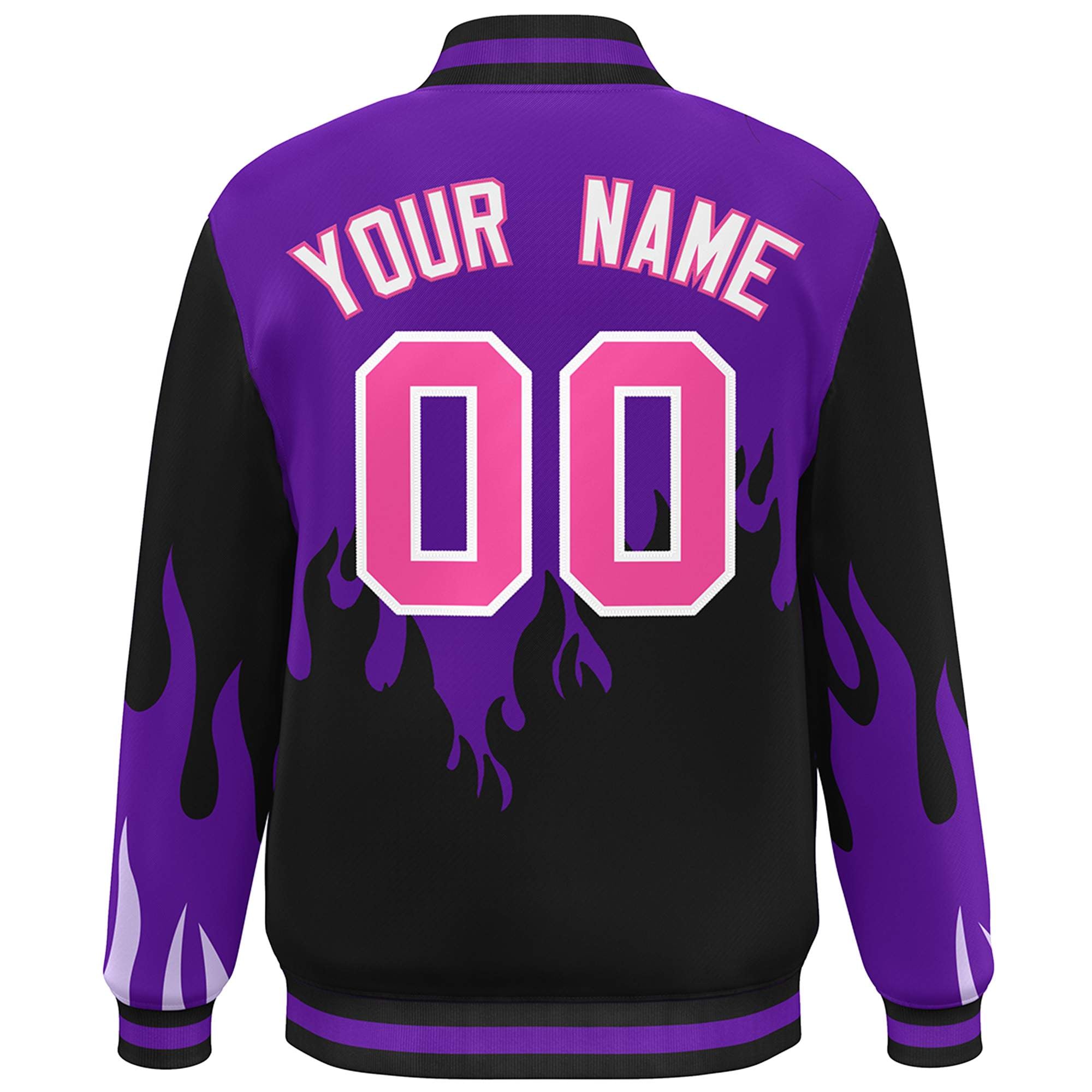 Custom Purple Black-Pink Flame Graffiti Pattern Bomber Varsity Full-Snap Jacket