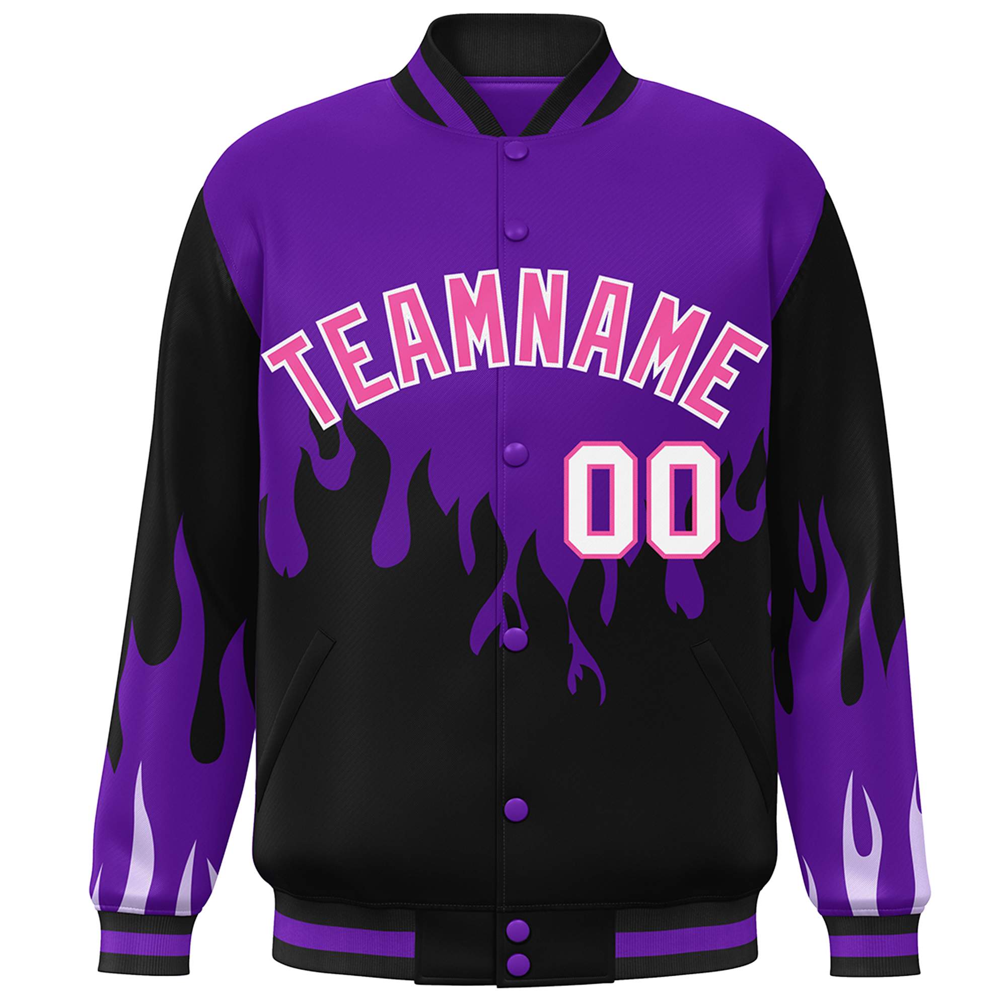 Custom Purple Black-Pink Flame Graffiti Pattern Bomber Varsity Full-Snap Jacket