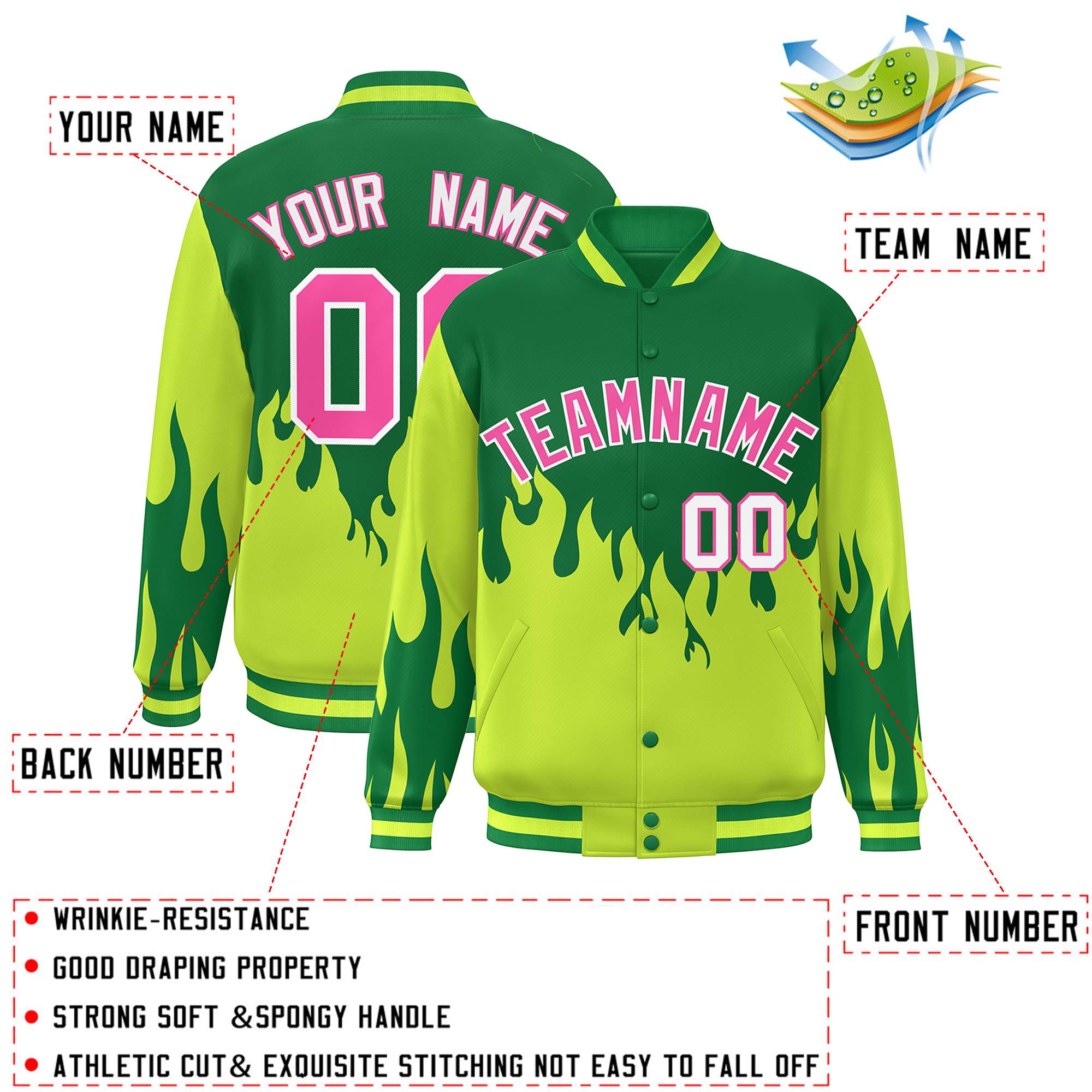 Custom Green Pink Flame Graffiti Pattern Bomber Varsity Full-Snap Jacket