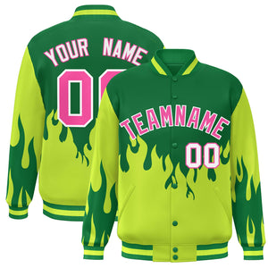 Custom Green Pink Flame Graffiti Pattern Bomber Varsity Full-Snap Jacket