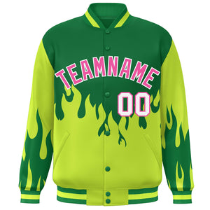 Custom Green Pink Flame Graffiti Pattern Bomber Varsity Full-Snap Jacket